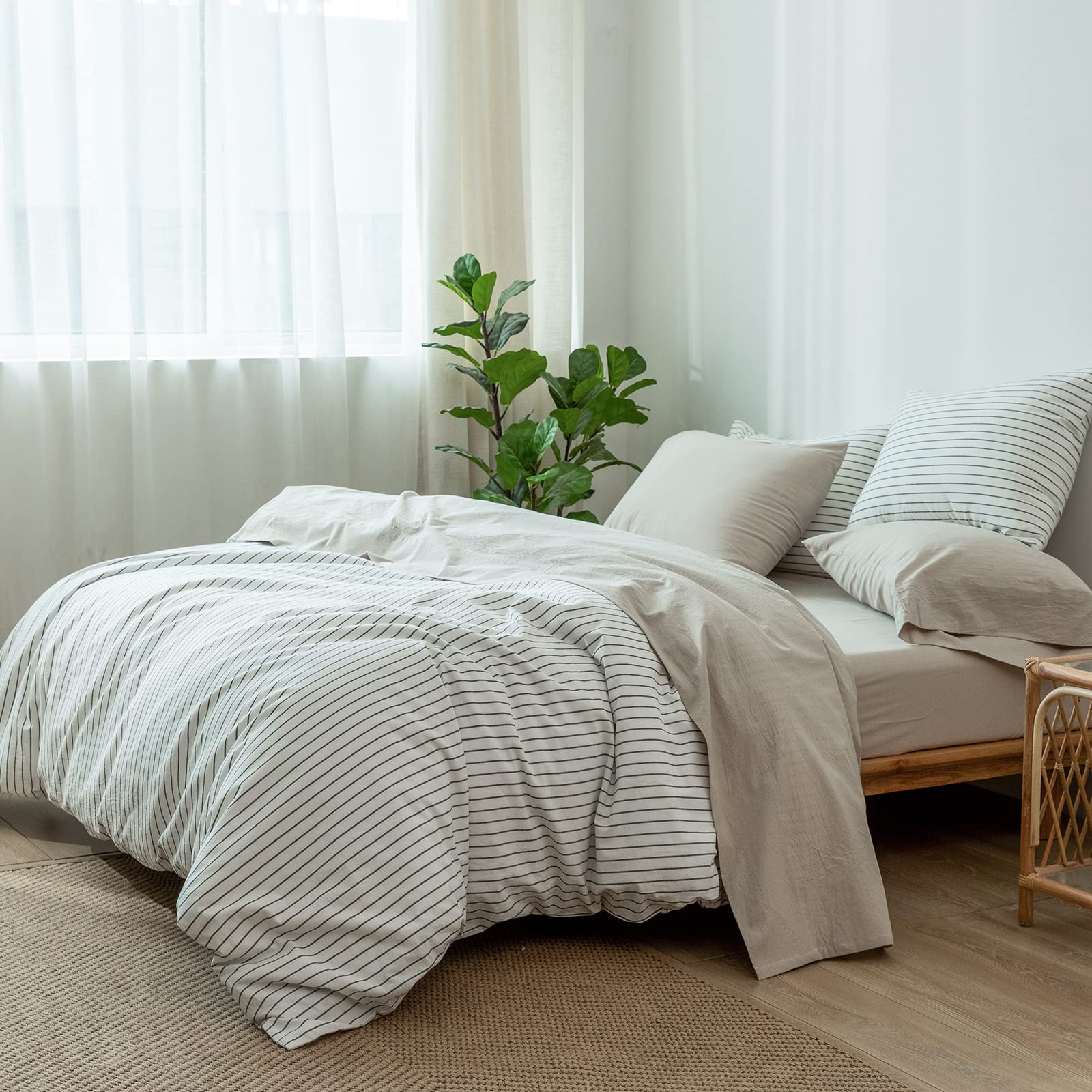 1 MooMee Bedding Sheet Set 100% Washed Cotton Linen Like Textured Breathable Durable Soft Comfy (Dark Grey, King)