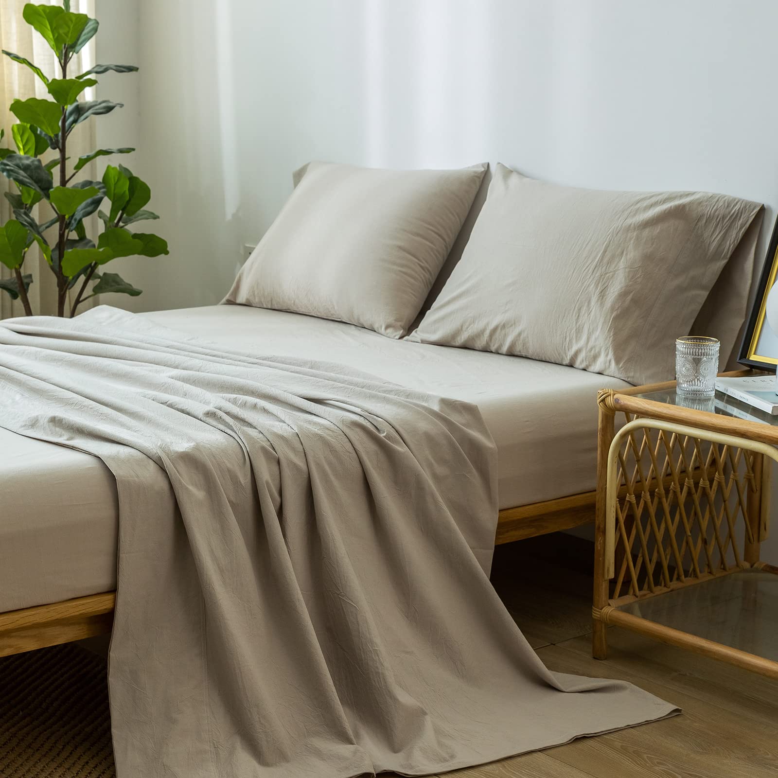 1 MooMee Bedding Sheet Set 100% Washed Cotton Linen Like Textured Breathable Durable Soft Comfy (Dark Grey, King)