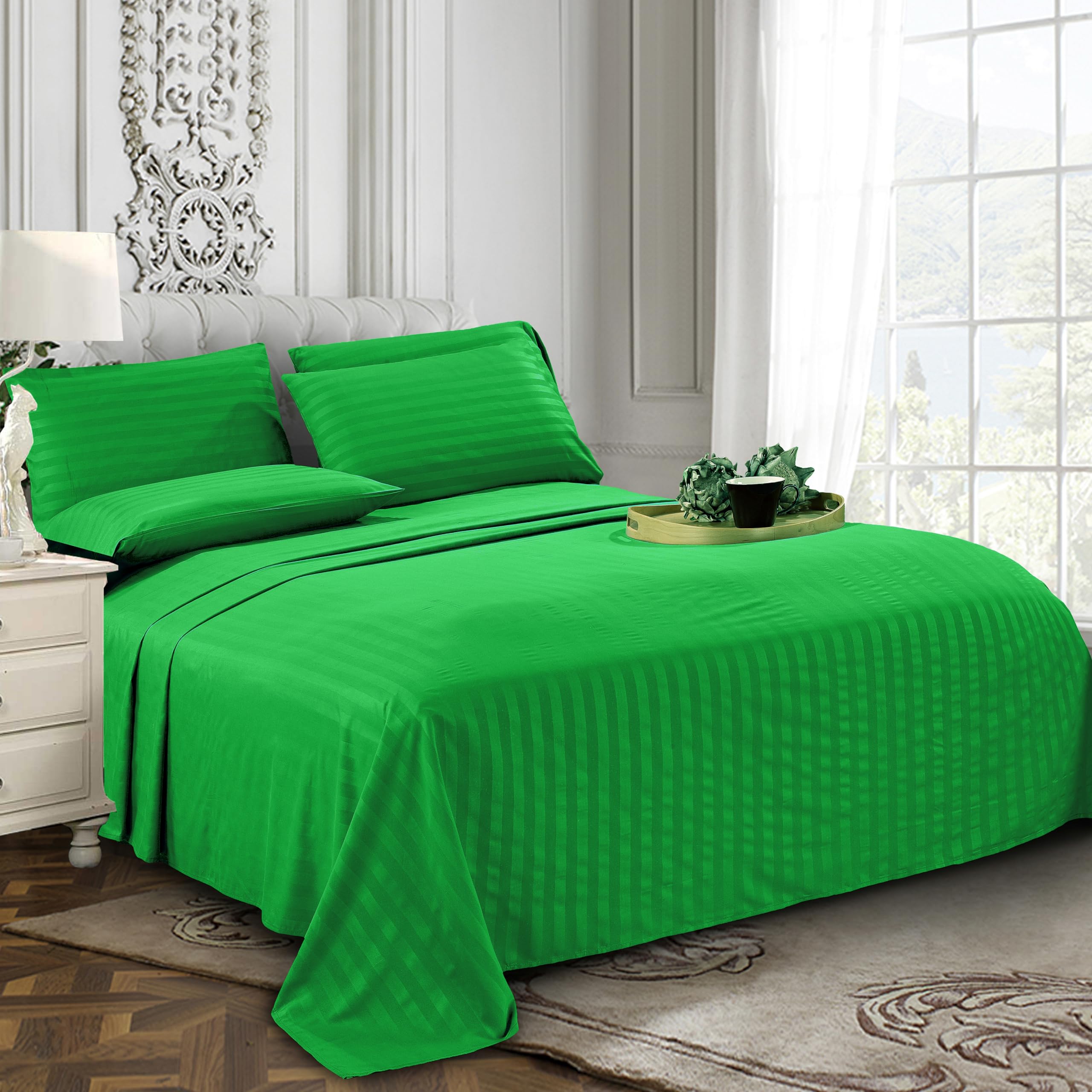 1Elegant Comfort Best, Softest, Coziest 6-Piece Sheet Sets! - 1500 Premier Hotel Quality Luxurious Wrinkle Resistant 6-Piece Damask Stripe Bed Sheet Set, Queen Sage/Green