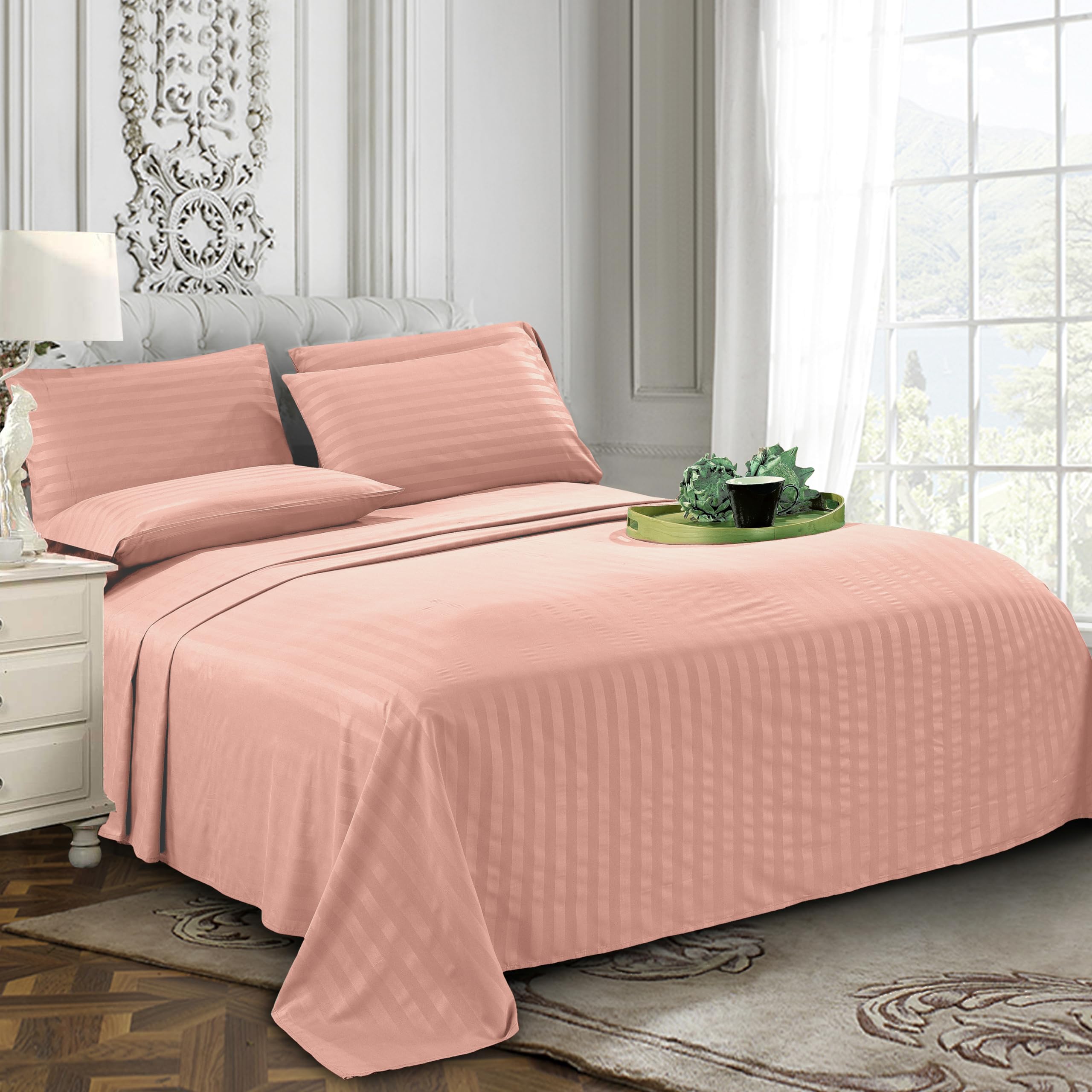 1Elegant Comfort Best, Softest, Coziest 6-Piece Sheet Sets! - 1500 Premier Hotel Quality Luxurious Wrinkle Resistant 6-Piece Damask Stripe Bed Sheet Set, Queen Sage/Green