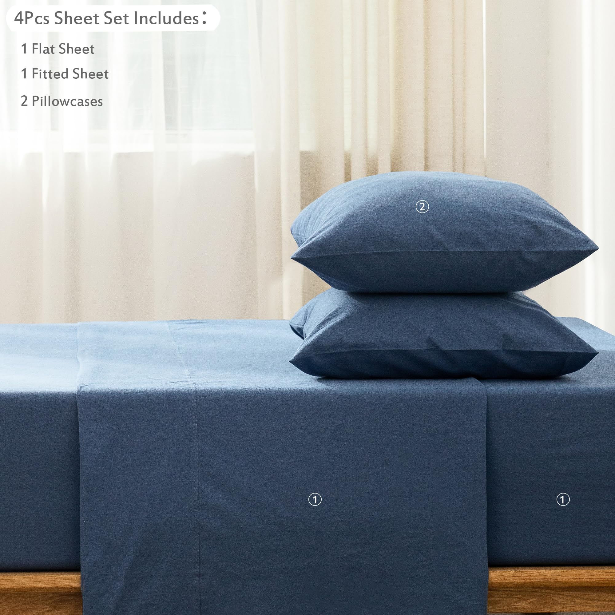 1 MooMee Bedding Sheet Set 100% Washed Cotton Linen Like Textured Breathable Durable Soft Comfy (Dark Grey, King)