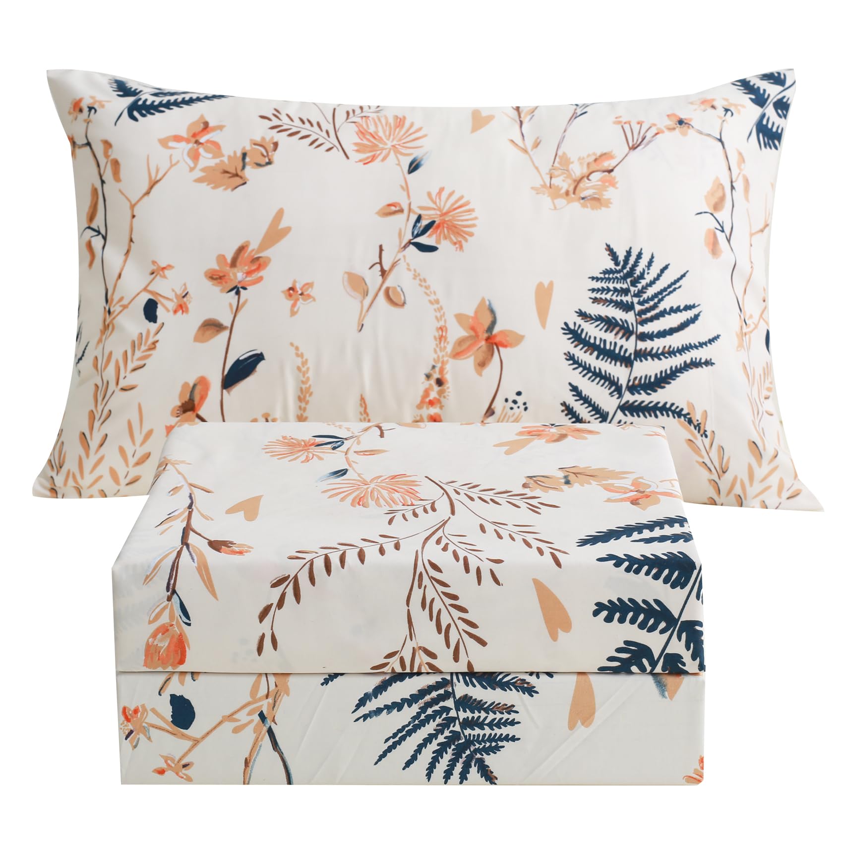 Boho Floral Printed Sheet Set Queen Size 4 Piece, Soft Botanical Pattern Microfiber Sheets Extra Deep Pocket