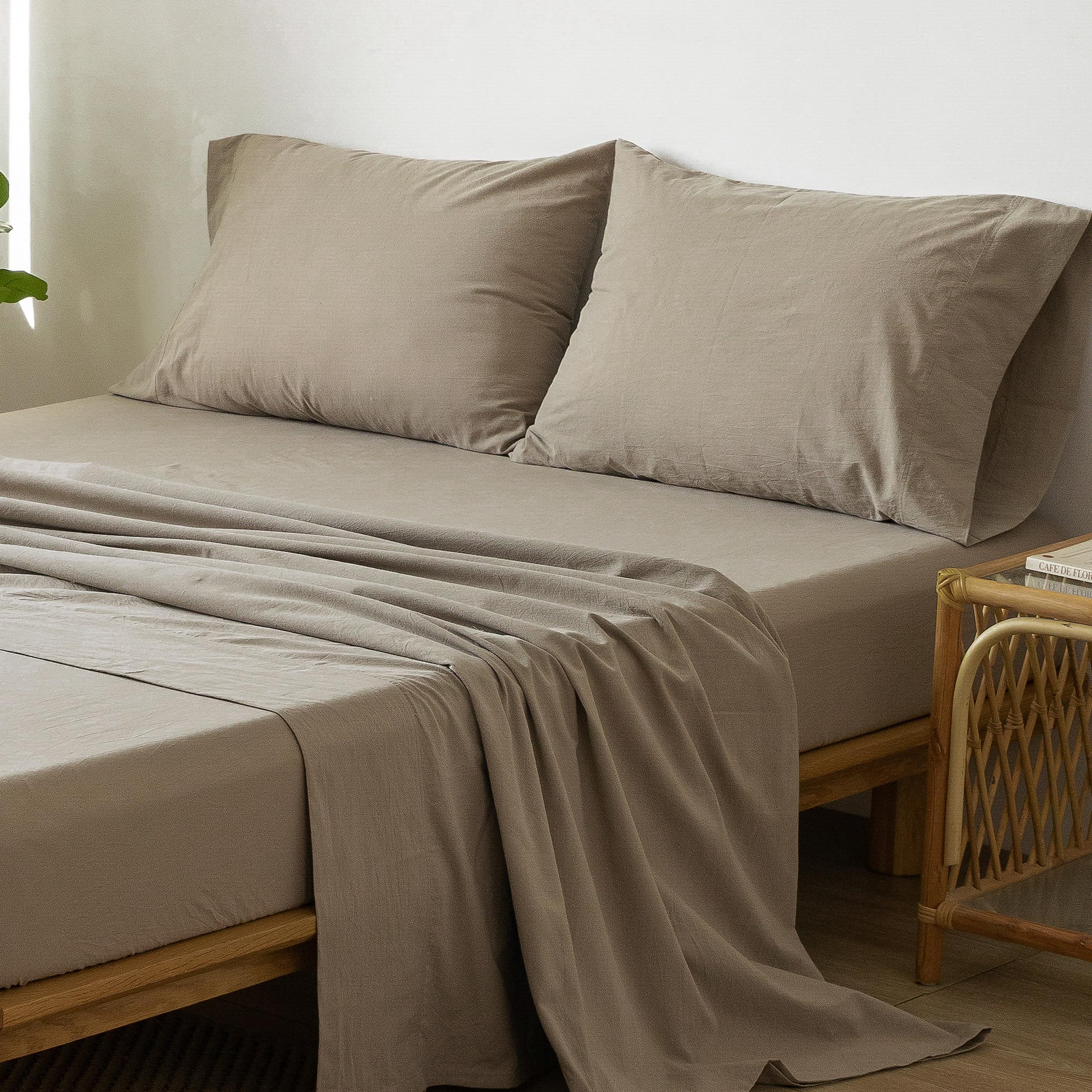 1   MooMee Bedding Sheet Set 100% Washed Cotton Linen Like Textured Breathable Durable Soft Comfy (Dark Grey, King)