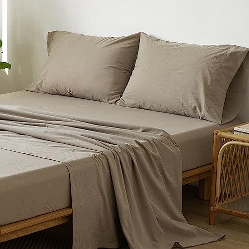 1   MooMee Bedding Sheet Set 100% Washed Cotton Linen Like Textured Breathable Durable Soft Comfy (Dark Grey, King)