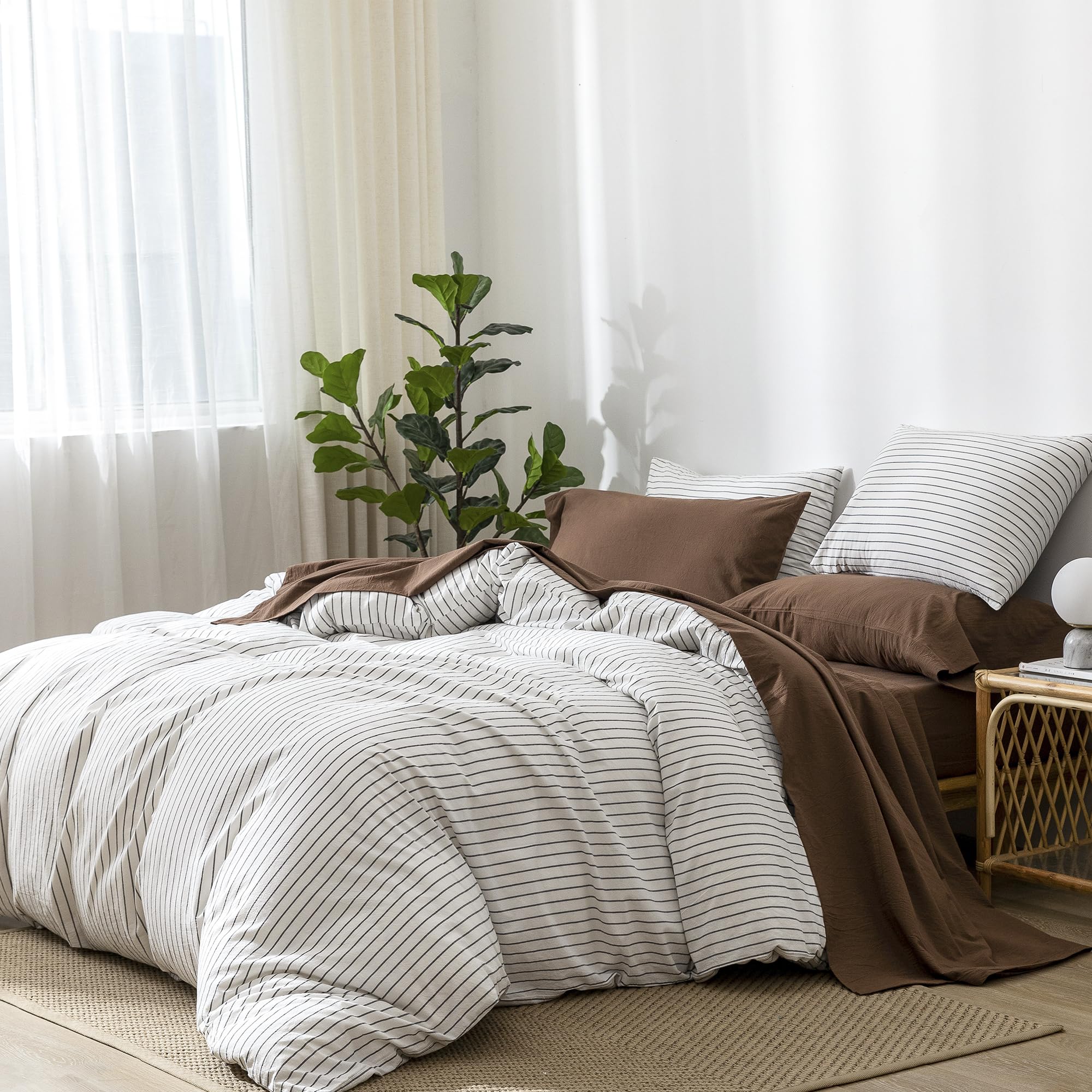 1   MooMee Bedding Sheet Set 100% Washed Cotton Linen Like Textured Breathable Durable Soft Comfy (Dark Grey, King)