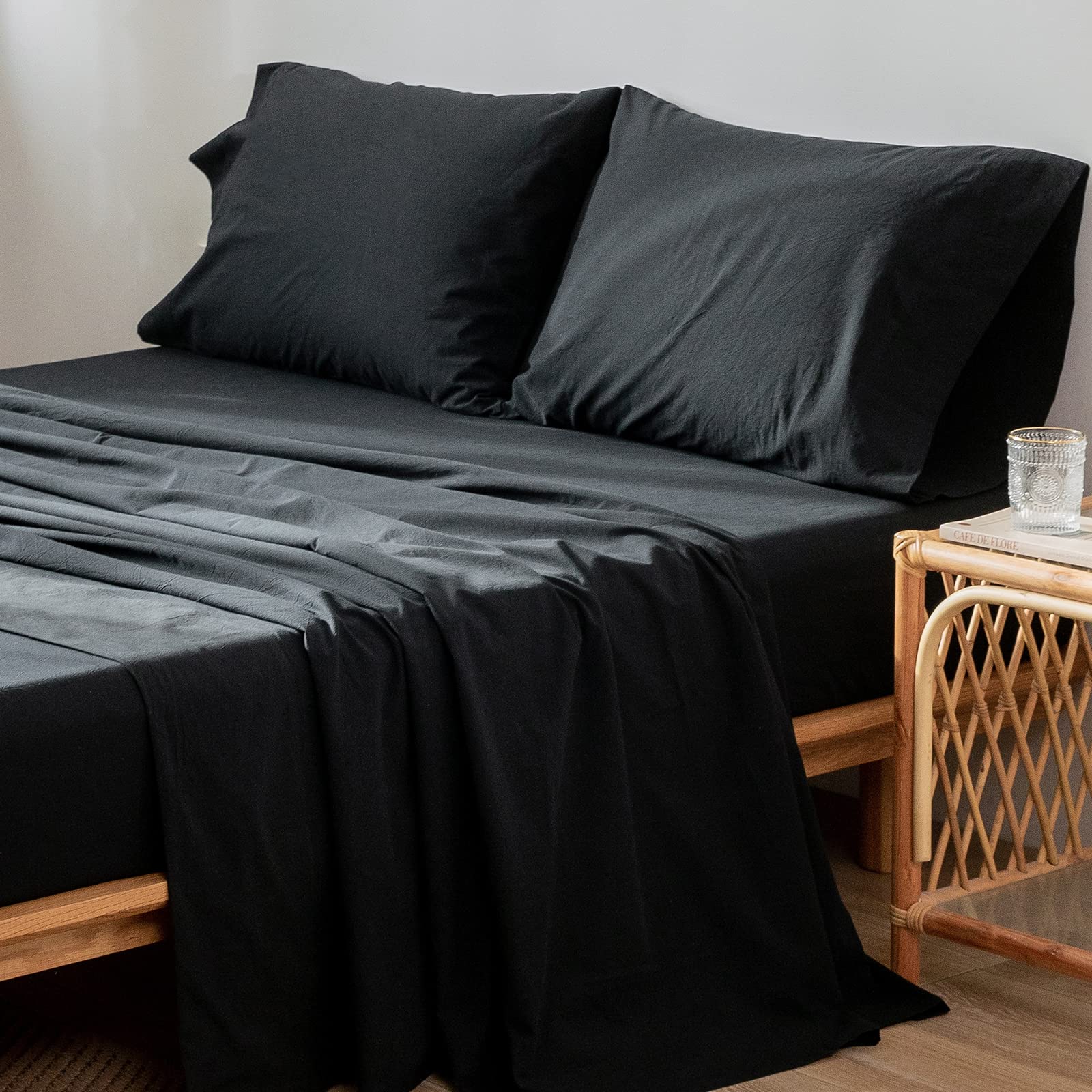 1 MooMee Bedding Sheet Set 100% Washed Cotton Linen Like Textured Breathable Durable Soft Comfy (Dark Grey, King)