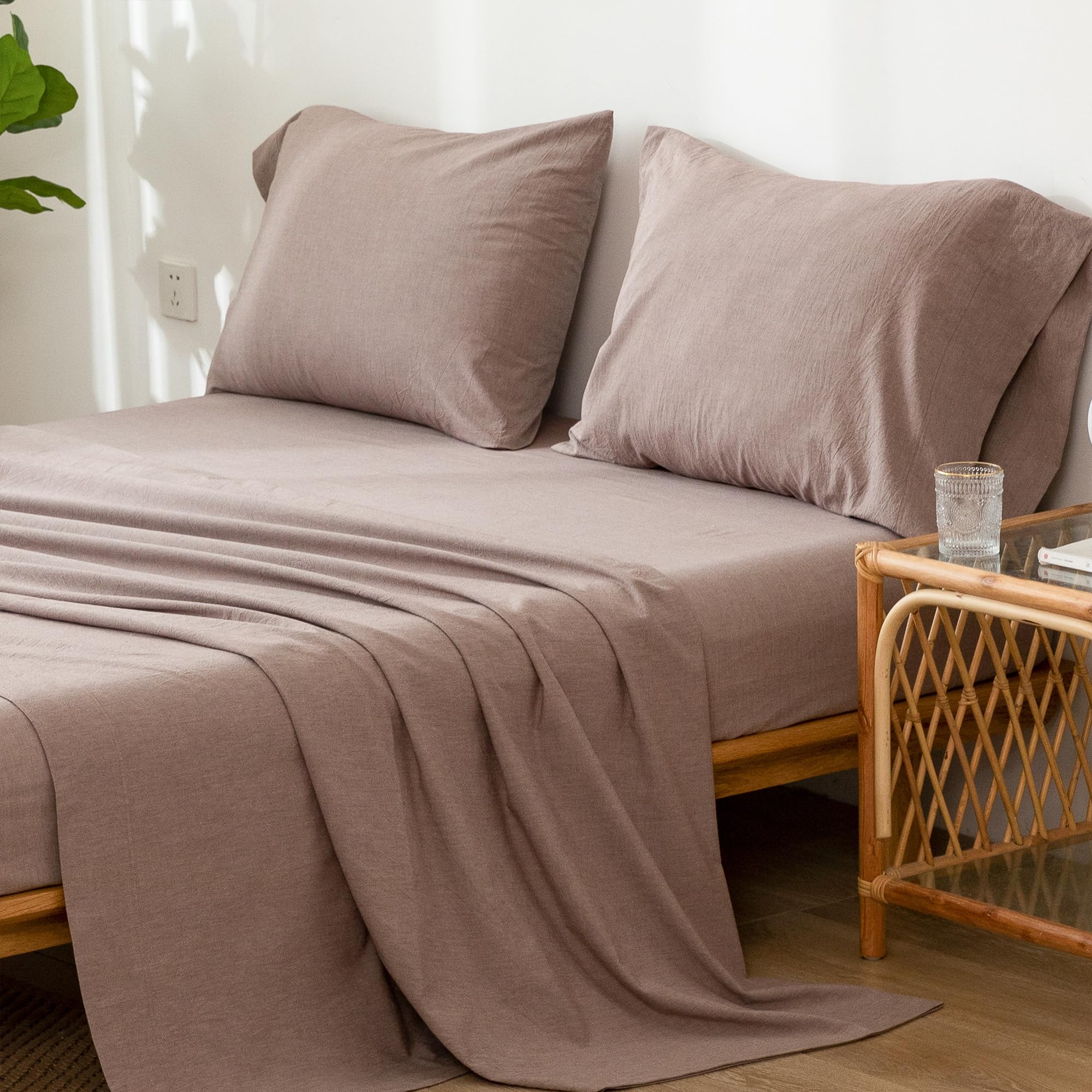 1   MooMee Bedding Sheet Set 100% Washed Cotton Linen Like Textured Breathable Durable Soft Comfy (Dark Grey, King)