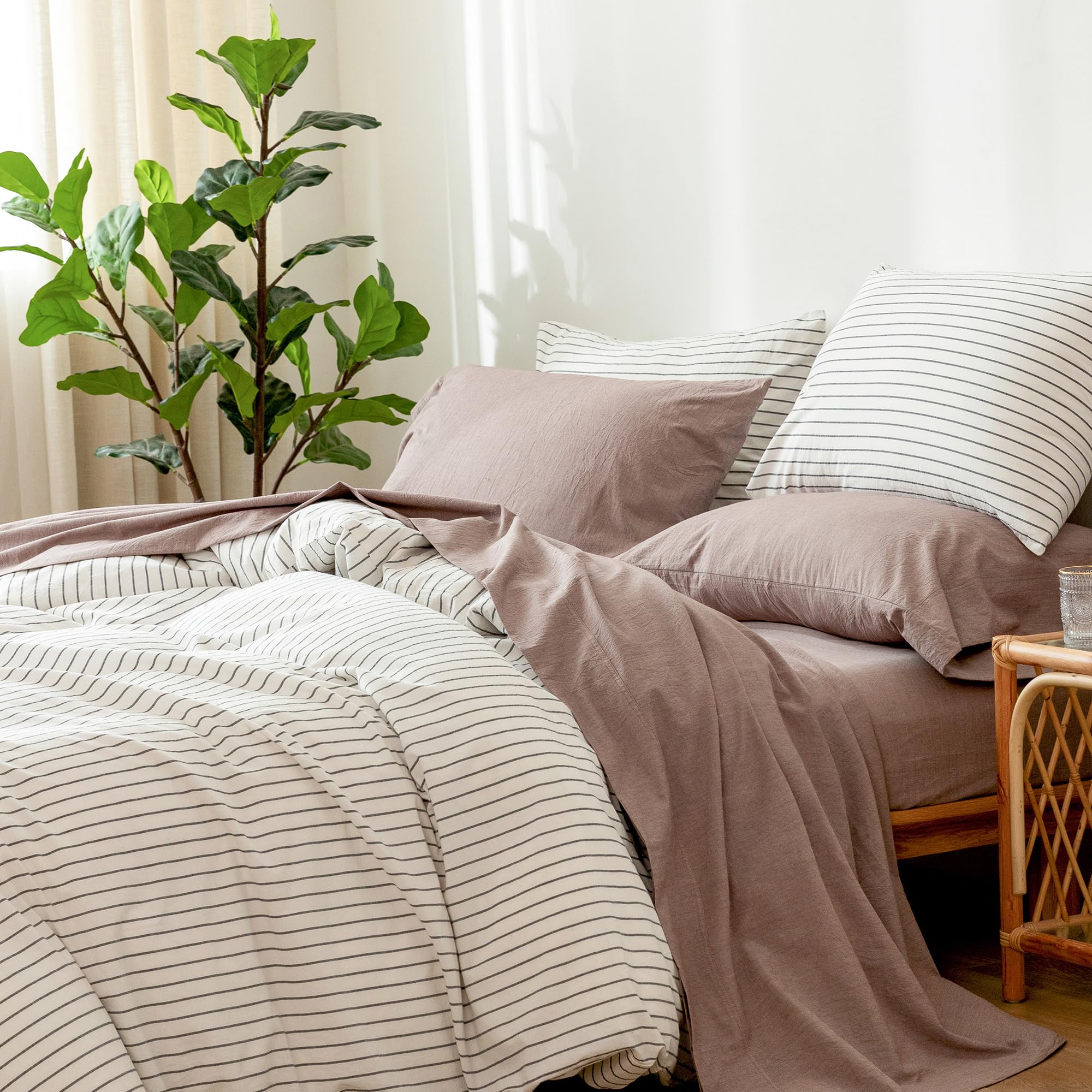 1 MooMee Bedding Sheet Set 100% Washed Cotton Linen Like Textured Breathable Durable Soft Comfy (Dark Grey, King)