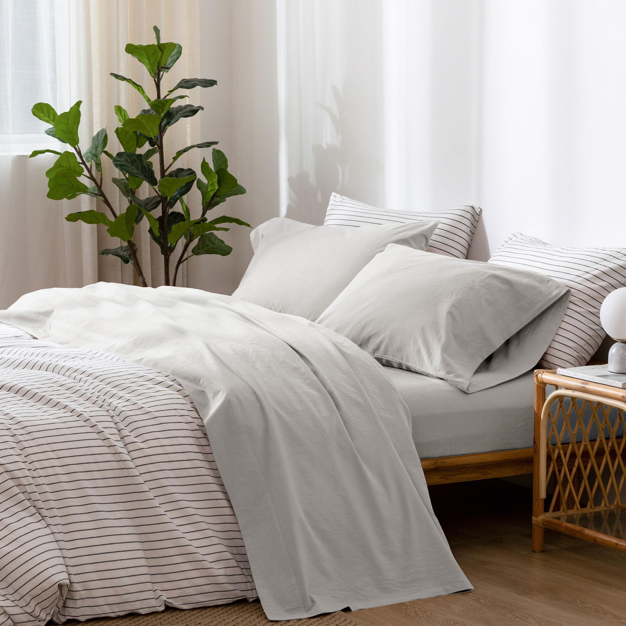 1 MooMee Bedding Sheet Set 100% Washed Cotton Linen Like Textured Breathable Durable Soft Comfy (Dark Grey, King)