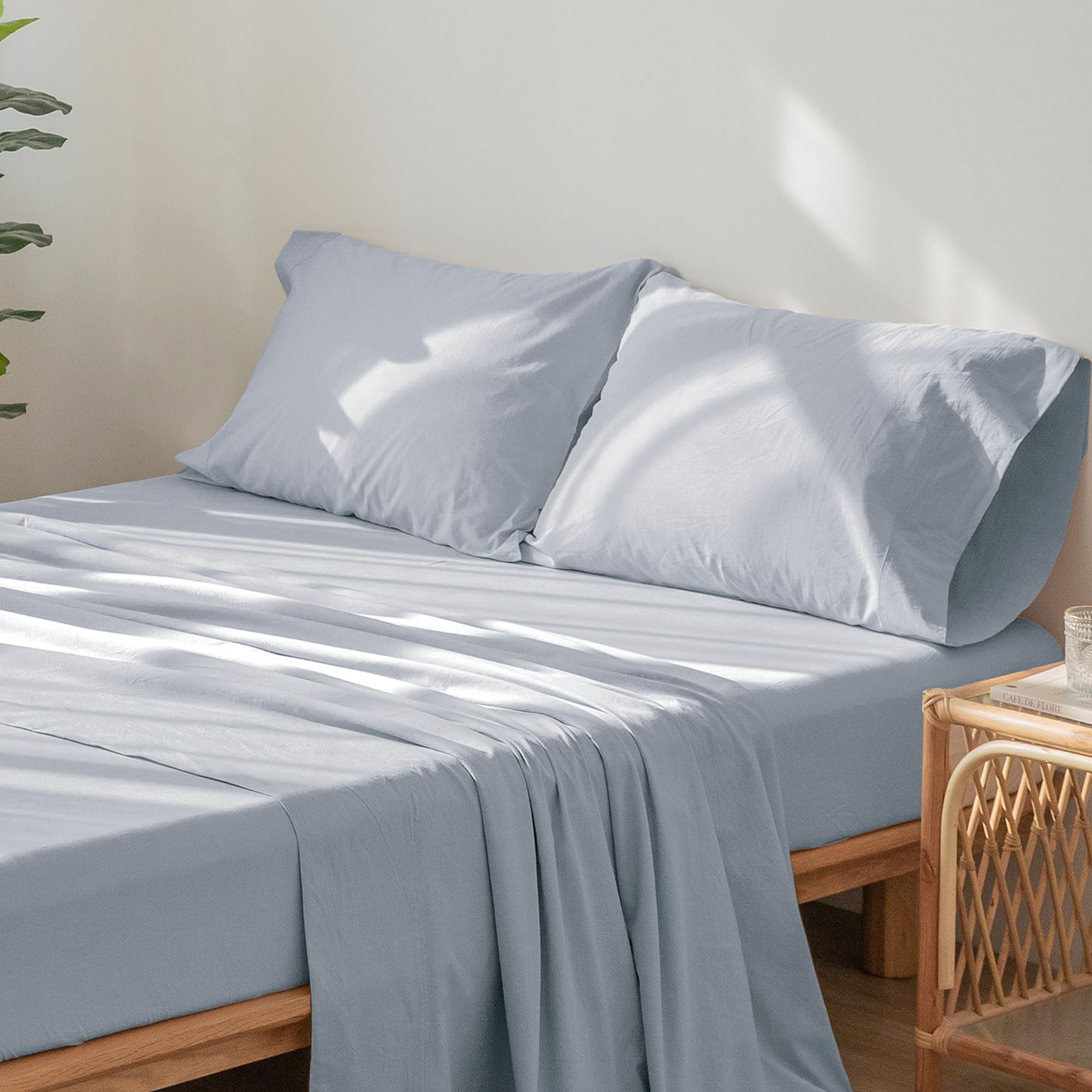 1 MooMee Bedding Sheet Set 100% Washed Cotton Linen Like Textured Breathable Durable Soft Comfy (Dark Grey, King)