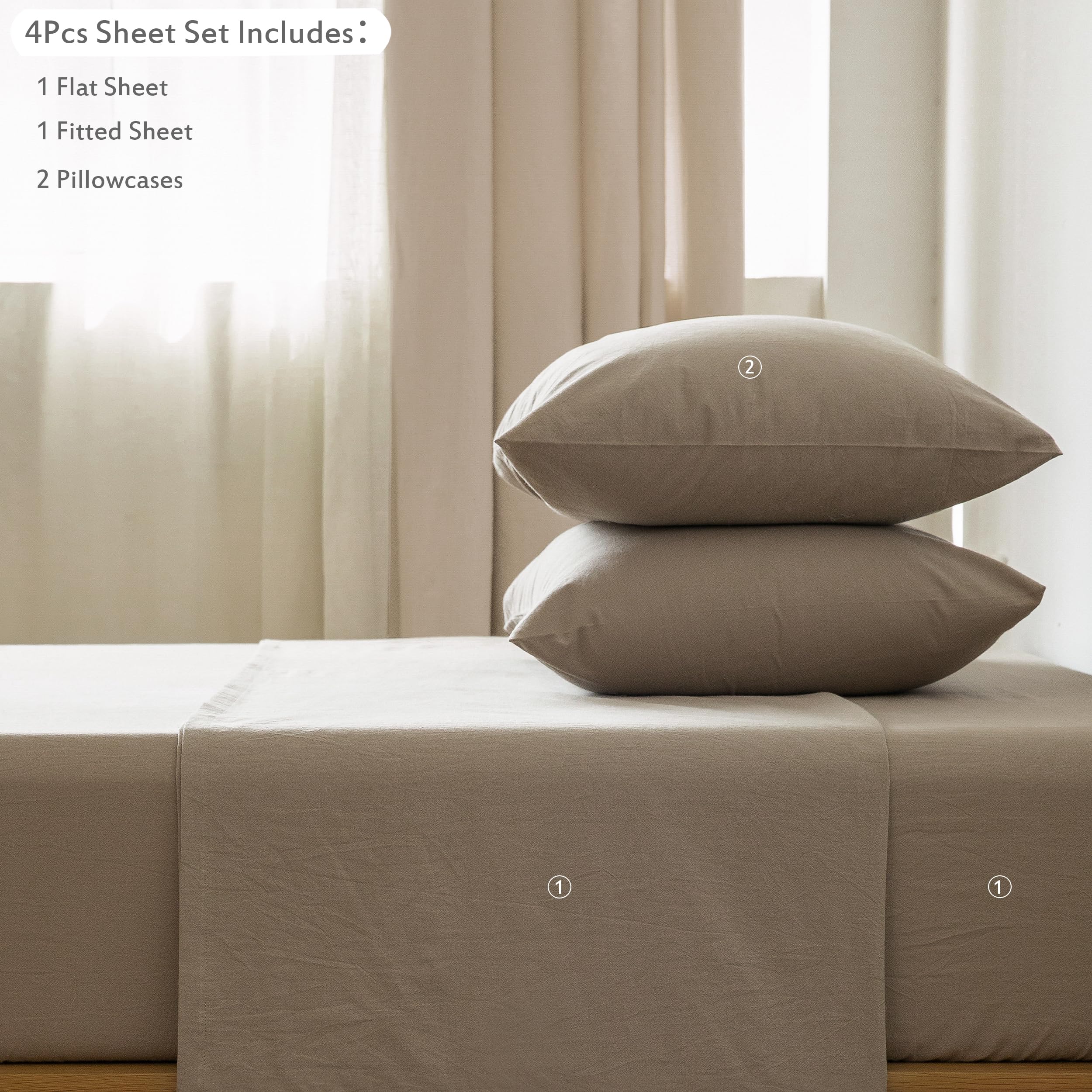 1 MooMee Bedding Sheet Set 100% Washed Cotton Linen Like Textured Breathable Durable Soft Comfy (Dark Grey, King)
