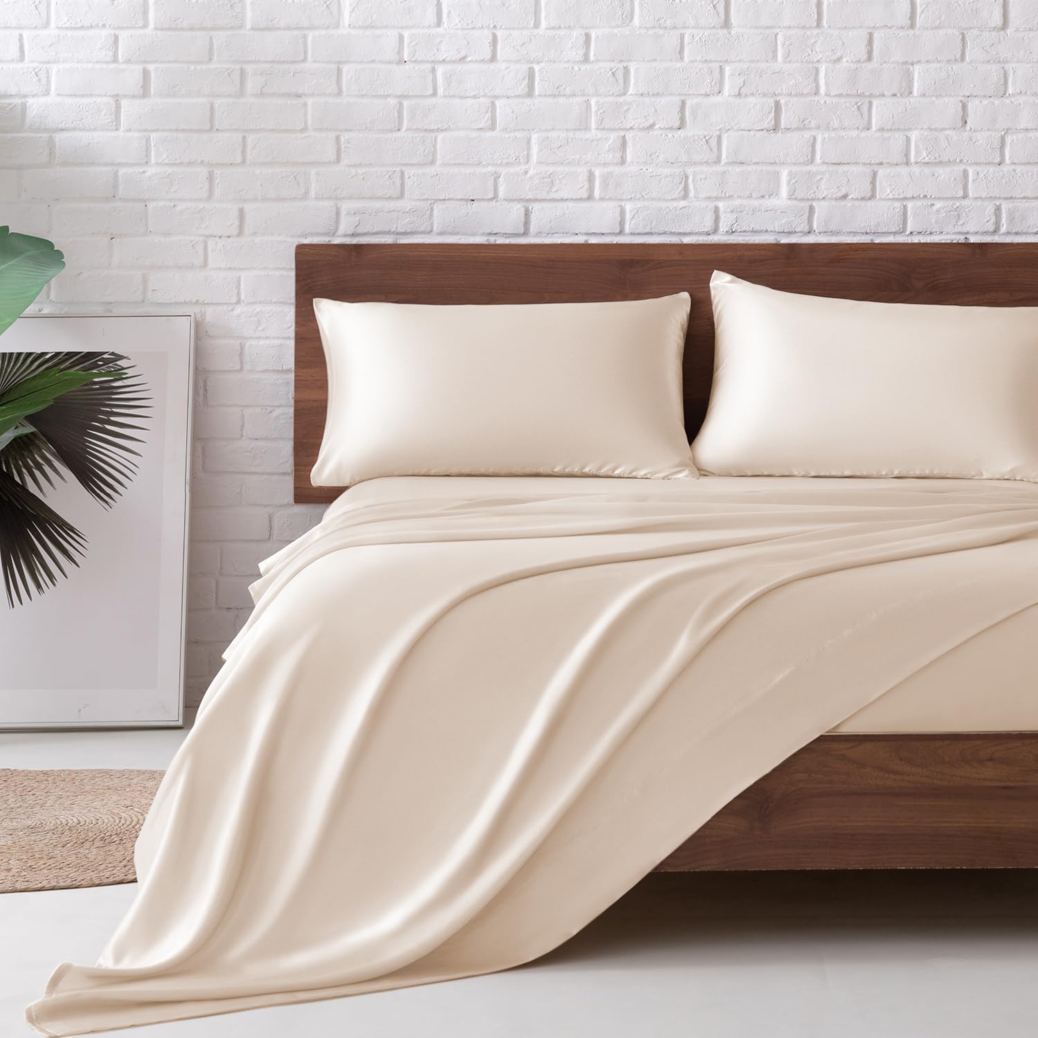 Satin Bed Sheets, Queen Size Sheets Set, 4 Pcs Silky Bedding Set with 15 Inches Deep Pocket for Mattress (Queen, Black)