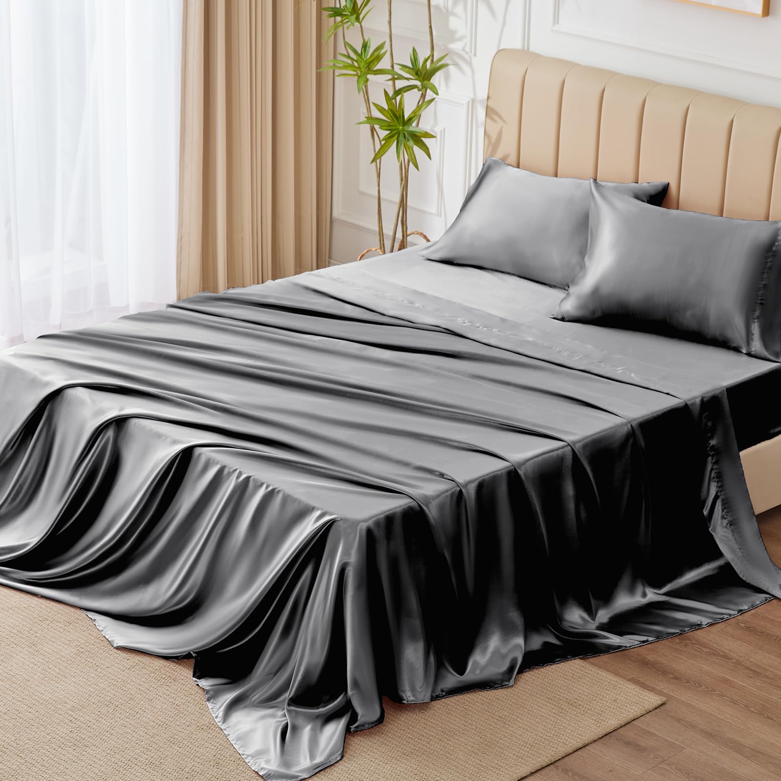 Satin Sheets Queen Size - 4 Piece Black Bed Sheet Set with Silky Microfiber, 1 Deep Pocket Fitted Sheet, 1 Flat Sheet, and 2 Pillowcases - Smooth and Soft