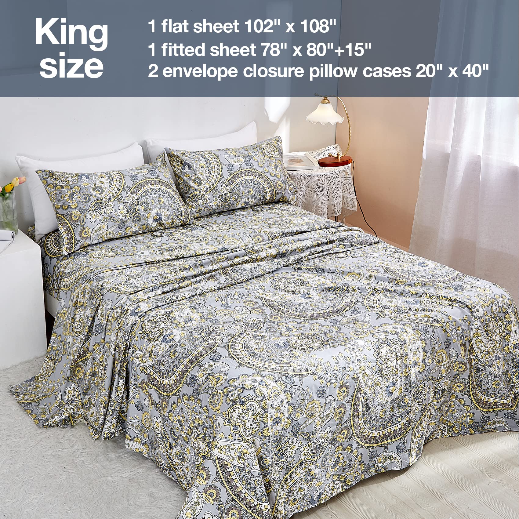 Boho Floral Printed Sheet Set Queen Size 4 Piece, Soft Botanical Pattern Microfiber Sheets Extra Deep Pocket