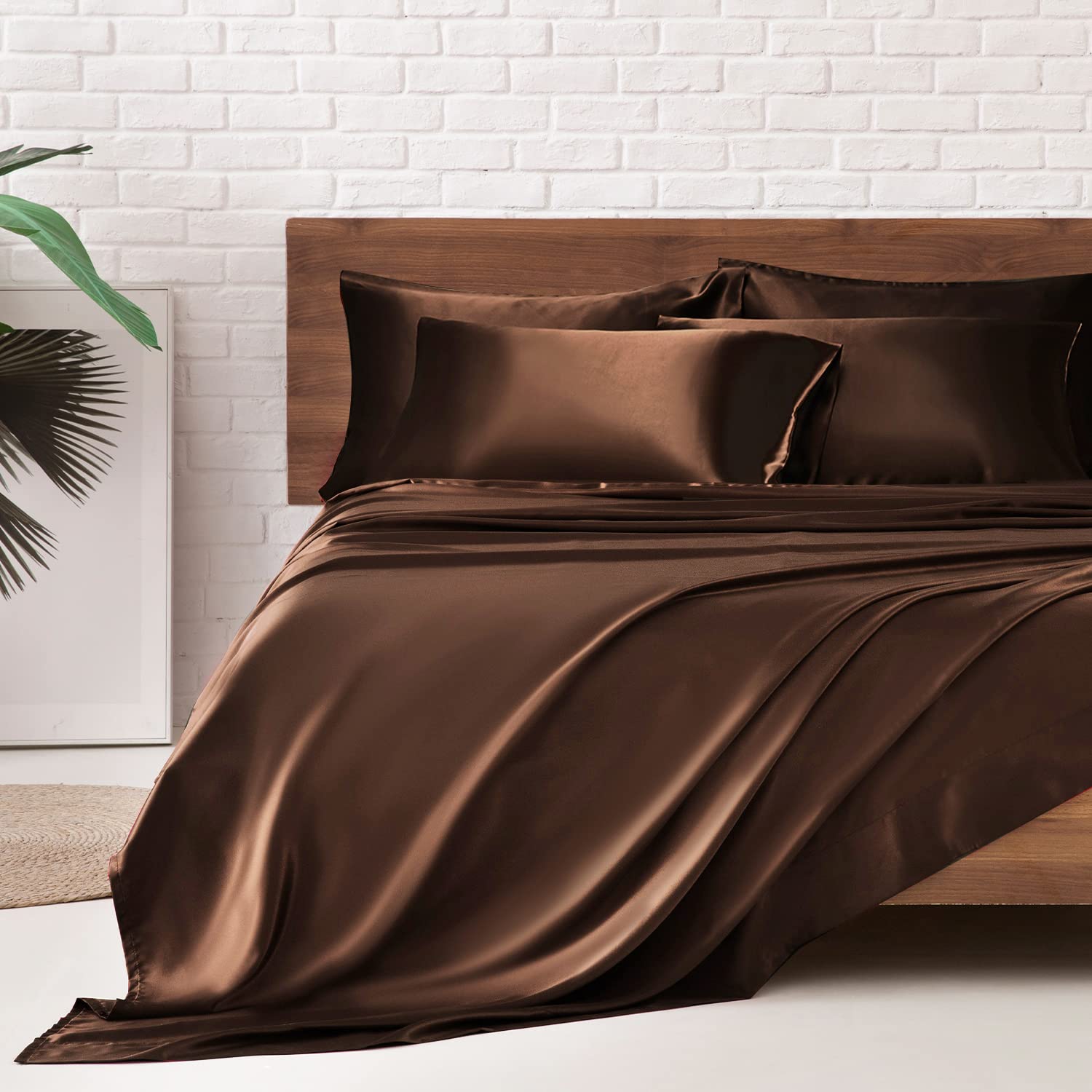 Satin Bed Sheets, Queen Size Sheets Set, 4 Pcs Silky Bedding Set with 15 Inches Deep Pocket for Mattress (Queen, Black)