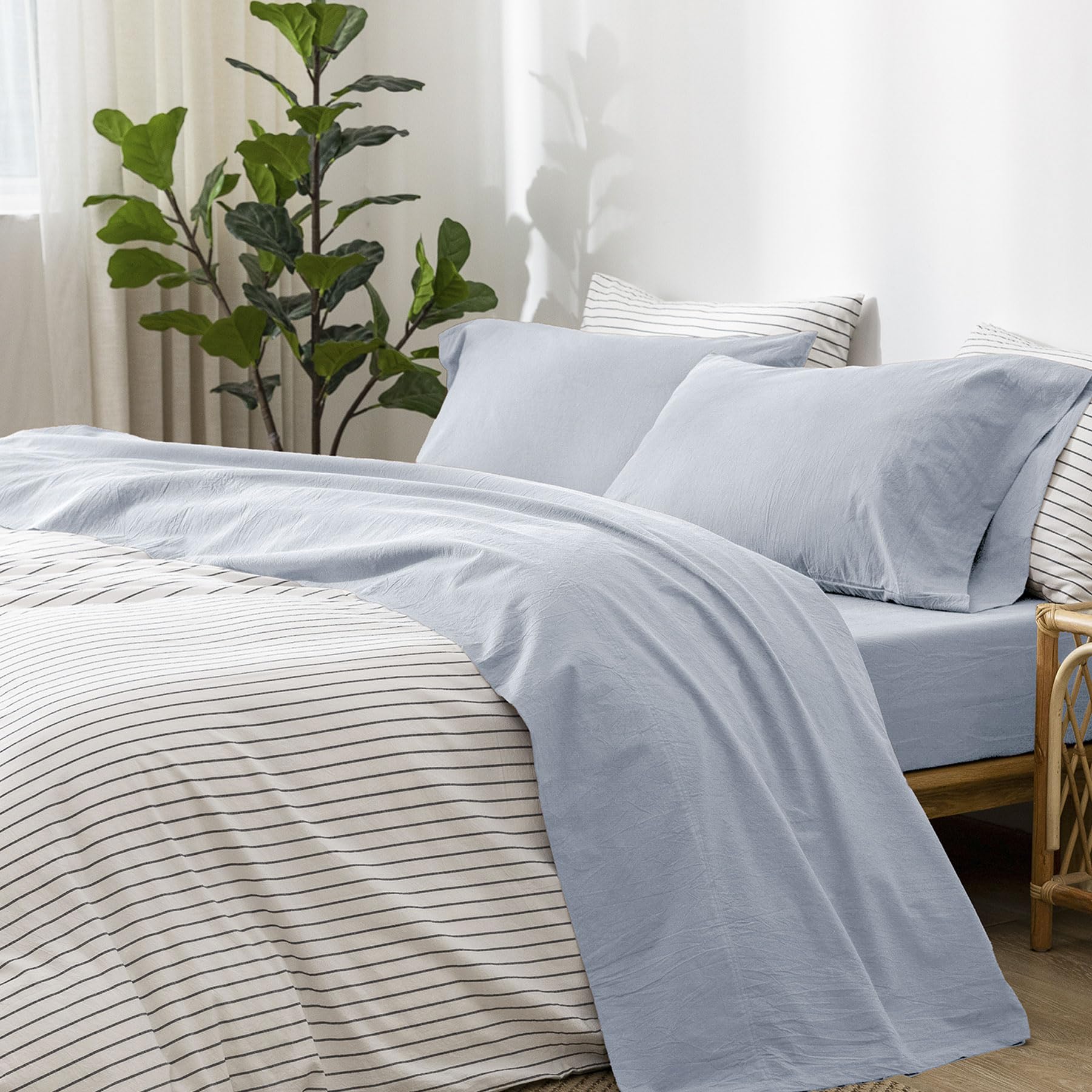 1 MooMee Bedding Sheet Set 100% Washed Cotton Linen Like Textured Breathable Durable Soft Comfy (Dark Grey, King)