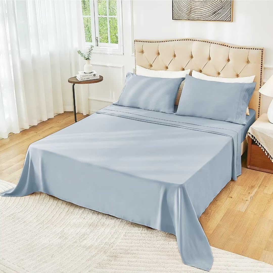 1    Baby Blue Full Size Bed Sheet Sets-Deep Pocket Fitted Sheet & Pillowcase Sets-4 Piece Soft Cooling Microfiber Bedsheets for Double Bed