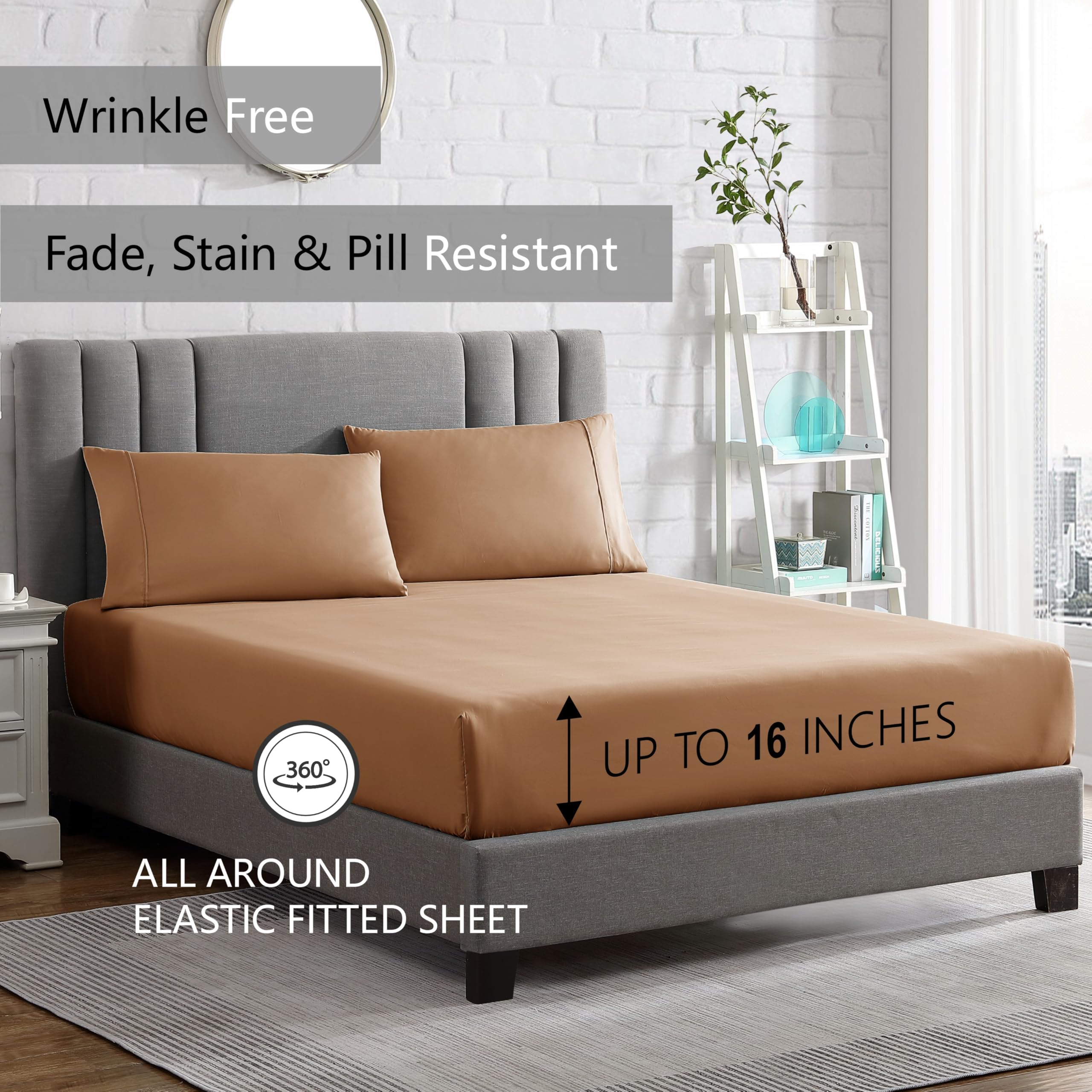 Queen Sheet Set - 16-Inch Deep Pocket - Ultra Soft Microfiber Queen Size Bed Sheets - Breathable, Wrinkle and Fade Resistant, Easy Care - 4 Piece Set (Queen, Tan)