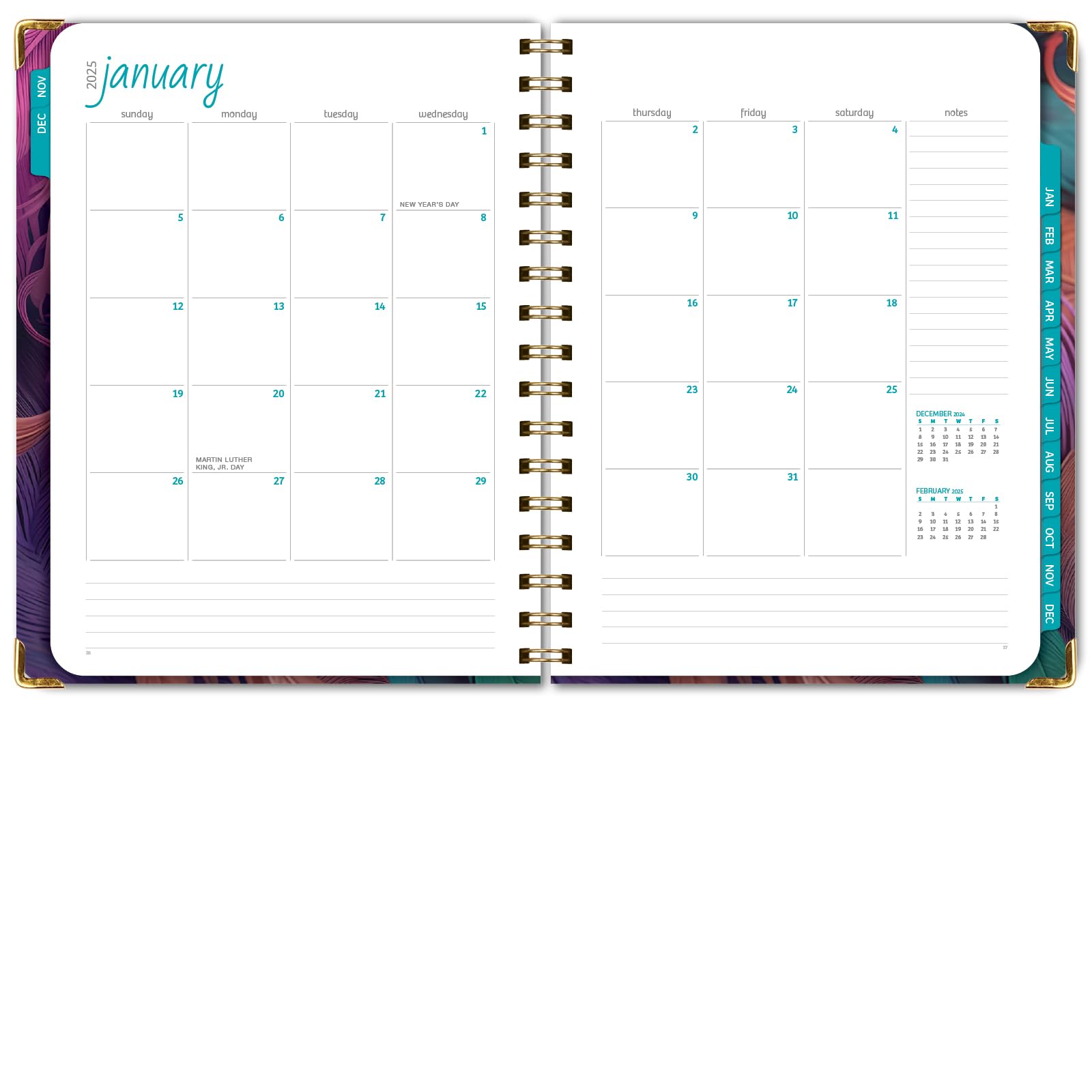 改HARDCOVER 2025 Planner, 8.5"x11": 14 Months (November 2024 - December 2025), Daily Weekly Monthly Planner, Yearly Agenda, Bookmark, Pocket Folder and Sticky Note Set (Pastel Peacock)