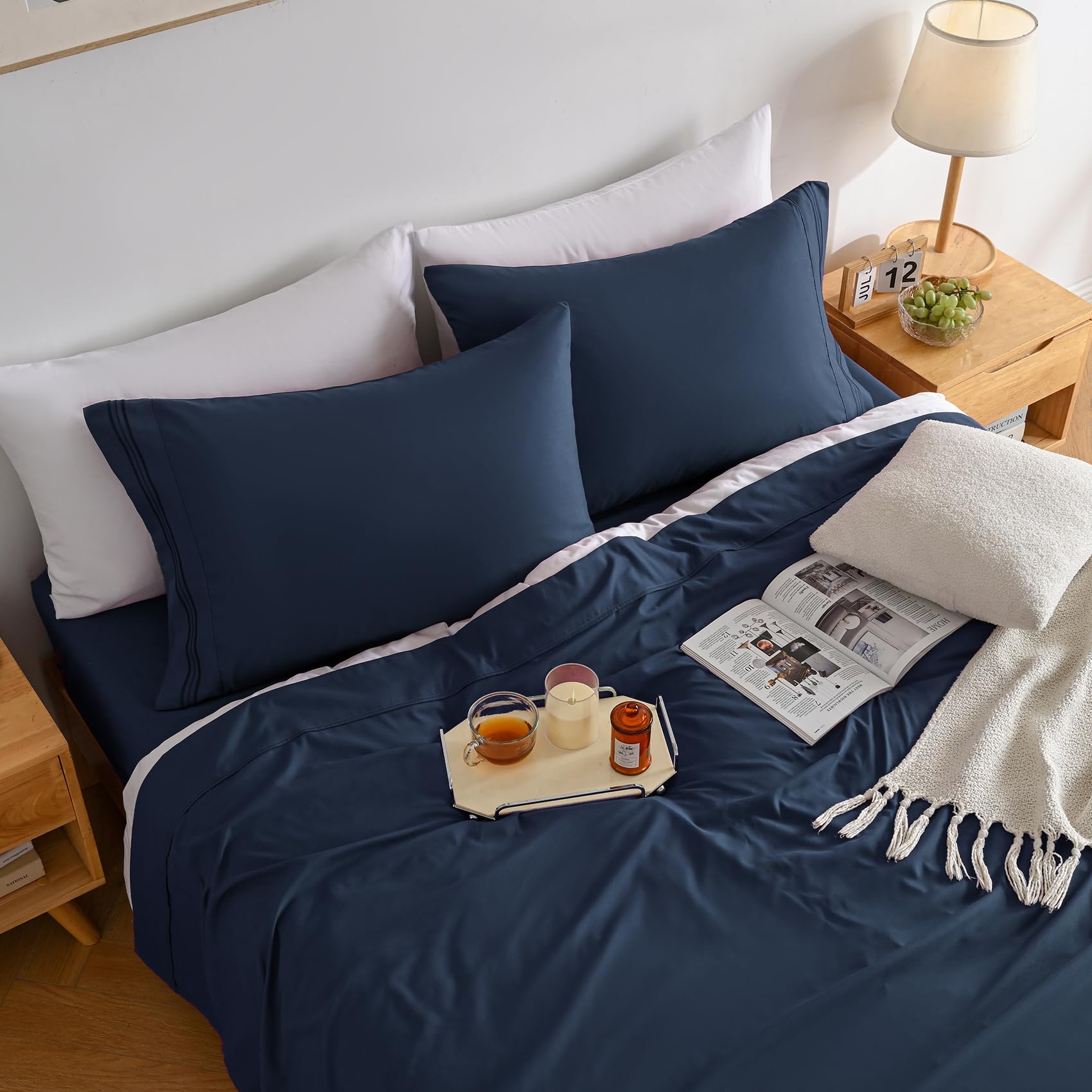 1    Baby Blue Full Size Bed Sheet Sets-Deep Pocket Fitted Sheet & Pillowcase Sets-4 Piece Soft Cooling Microfiber Bedsheets for Double Bed