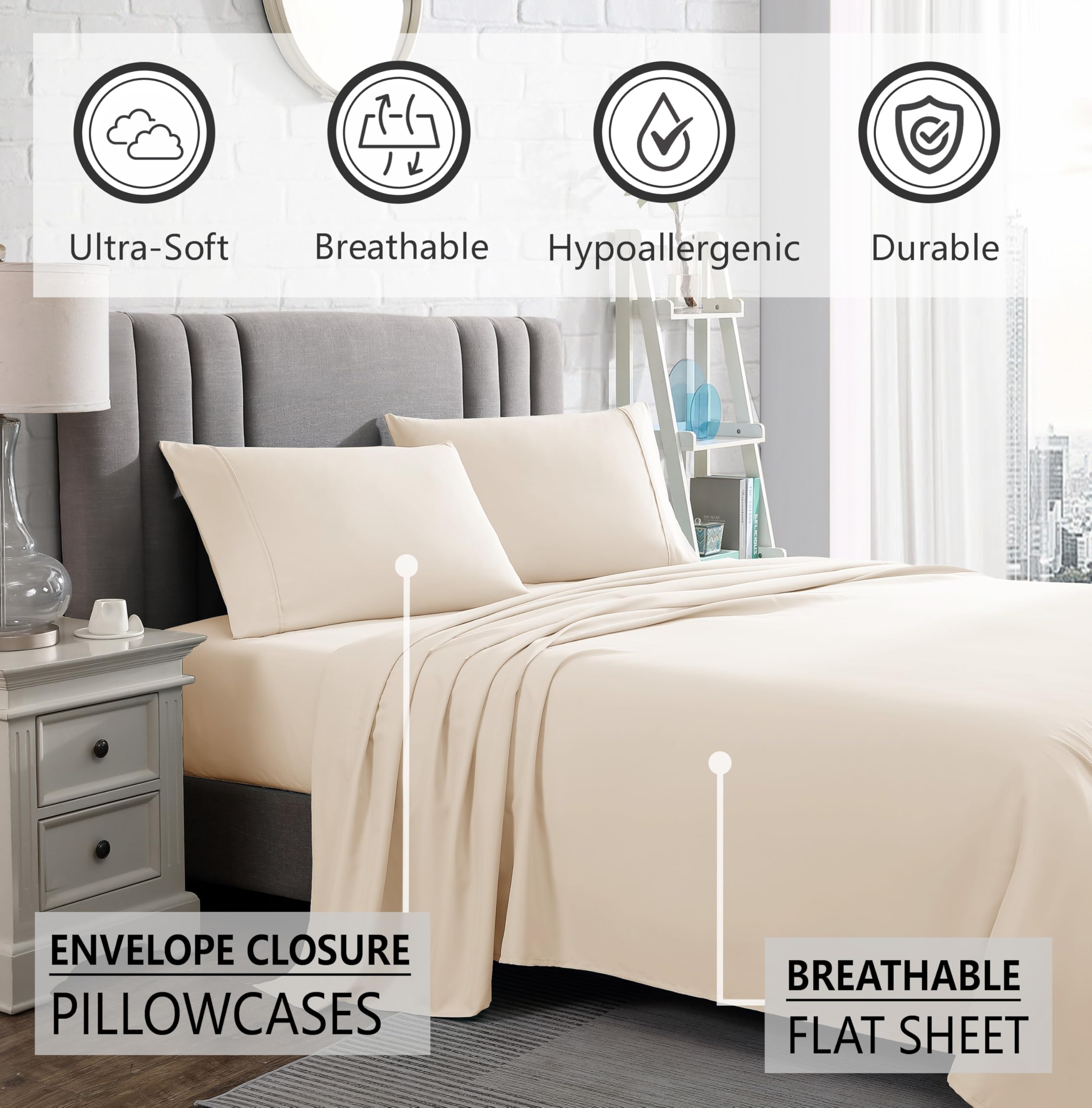 Queen Sheet Set - 16-Inch Deep Pocket - Ultra Soft Microfiber Queen Size Bed Sheets - Breathable, Wrinkle and Fade Resistant, Easy Care - 4 Piece Set (Queen, Tan)