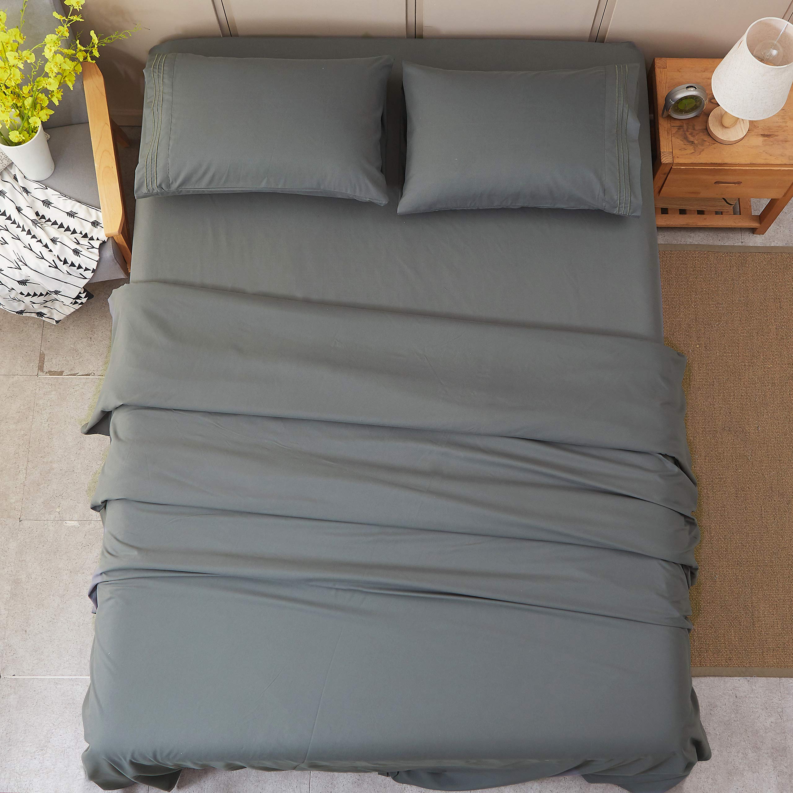 Bed Sheet Set Super Soft Microfiber 1800 Thread Count Luxury Egyptian Sheets 16-Inch Deep Pocket Wrinkle and Hypoallergenic-4 Piece(Queen Dark Grey)