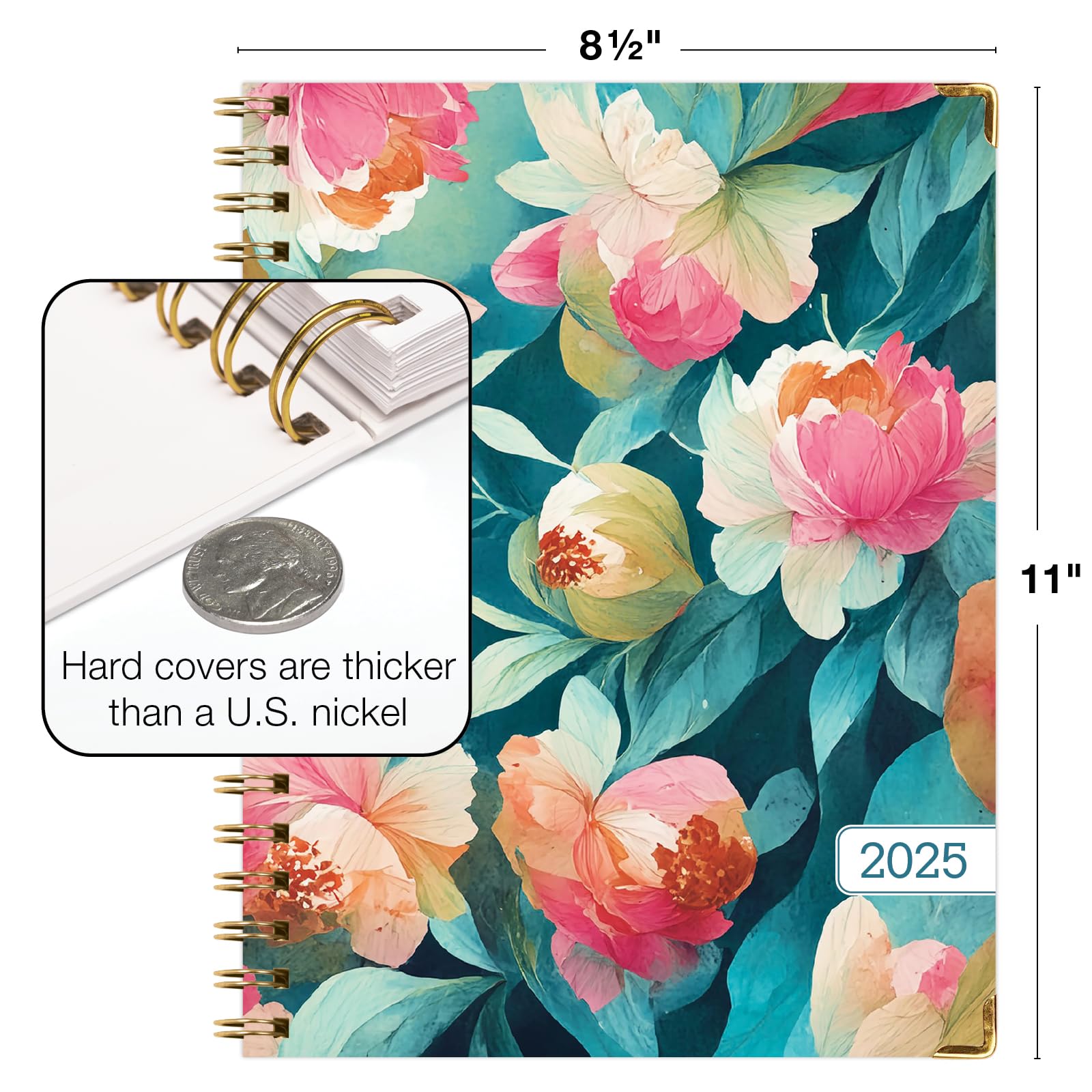 1     HARDCOVER 2025 Planner, 8.5"x11": 14 Months (November 2024 - December 2025), Daily Weekly Monthly Planner, Yearly Agenda, Bookmark, Pocket Folder and Sticky Note Set (Pastel Peacock)