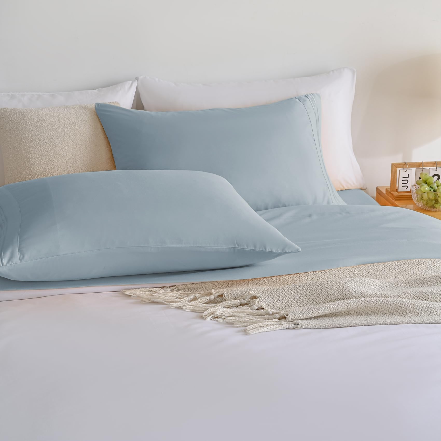 1    Baby Blue Full Size Bed Sheet Sets-Deep Pocket Fitted Sheet & Pillowcase Sets-4 Piece Soft Cooling Microfiber Bedsheets for Double Bed
