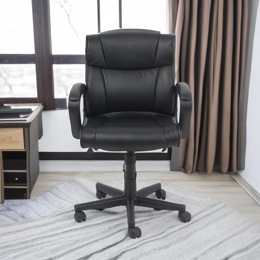 Office Computer Task Desk Chair with Padded Armrests, Mid-Back, Adjustable, 360 Swivel, Rolling, 275 Pound Capacity, BIFMA Certified, 24.2"D x 24"W x 34.8"H, Black Faux Leather