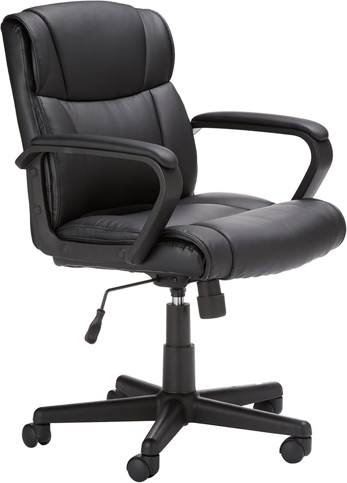 Office Computer Task Desk Chair with Padded Armrests, Mid-Back, Adjustable, 360 Swivel, Rolling, 275 Pound Capacity, BIFMA Certified, 24.2"D x 24"W x 34.8"H, Black Faux Leather