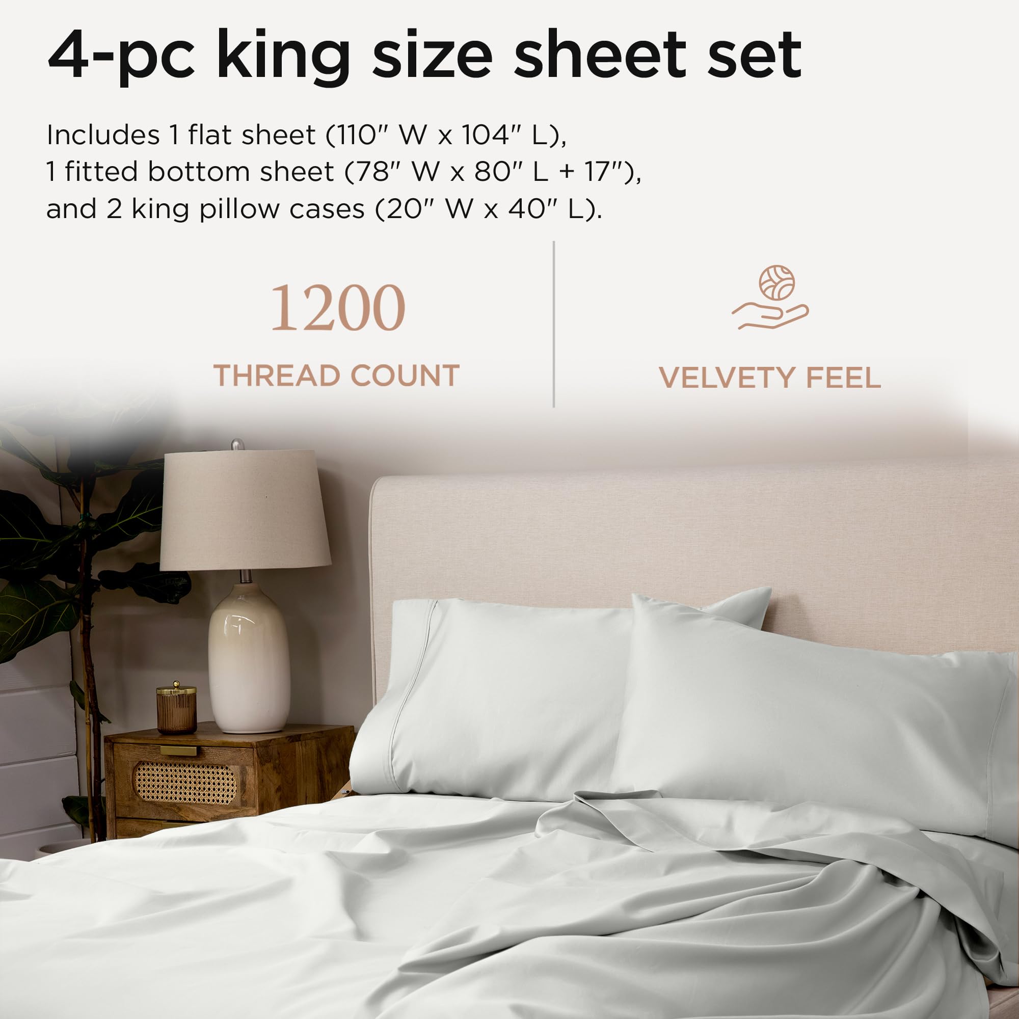 100% Supima Cotton Sheets, Luxury 1200 Thread Count Cotton Sheets for King Size Bed, 4 Pc Dark Grey King Bed Sheets Set, 5-Star Hotel Quality with Elasticized Deep Pocket King Sheets