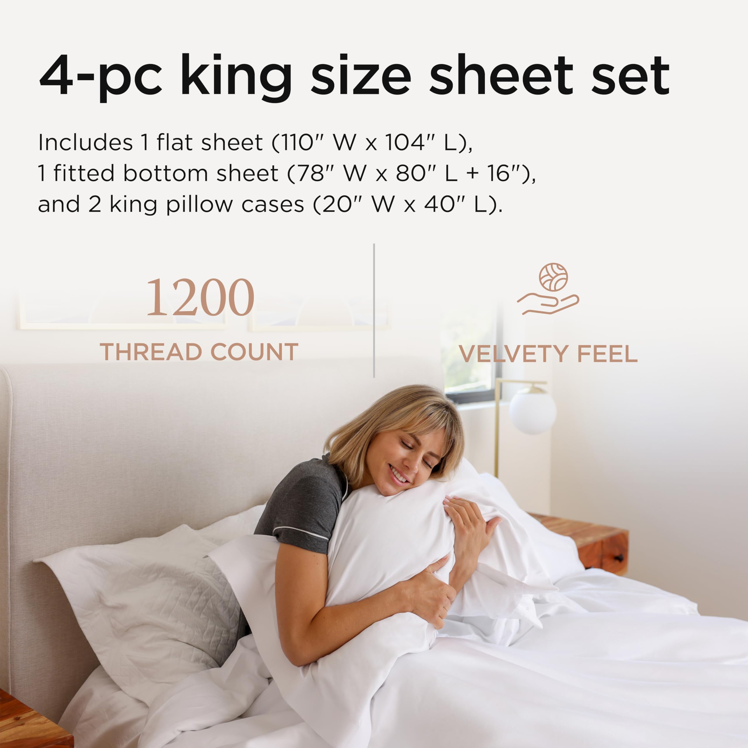 100% Supima Cotton Sheets, Luxury 1200 Thread Count Cotton Sheets for King Size Bed, 4 Pc Dark Grey King Bed Sheets Set, 5-Star Hotel Quality with Elasticized Deep Pocket King Sheets