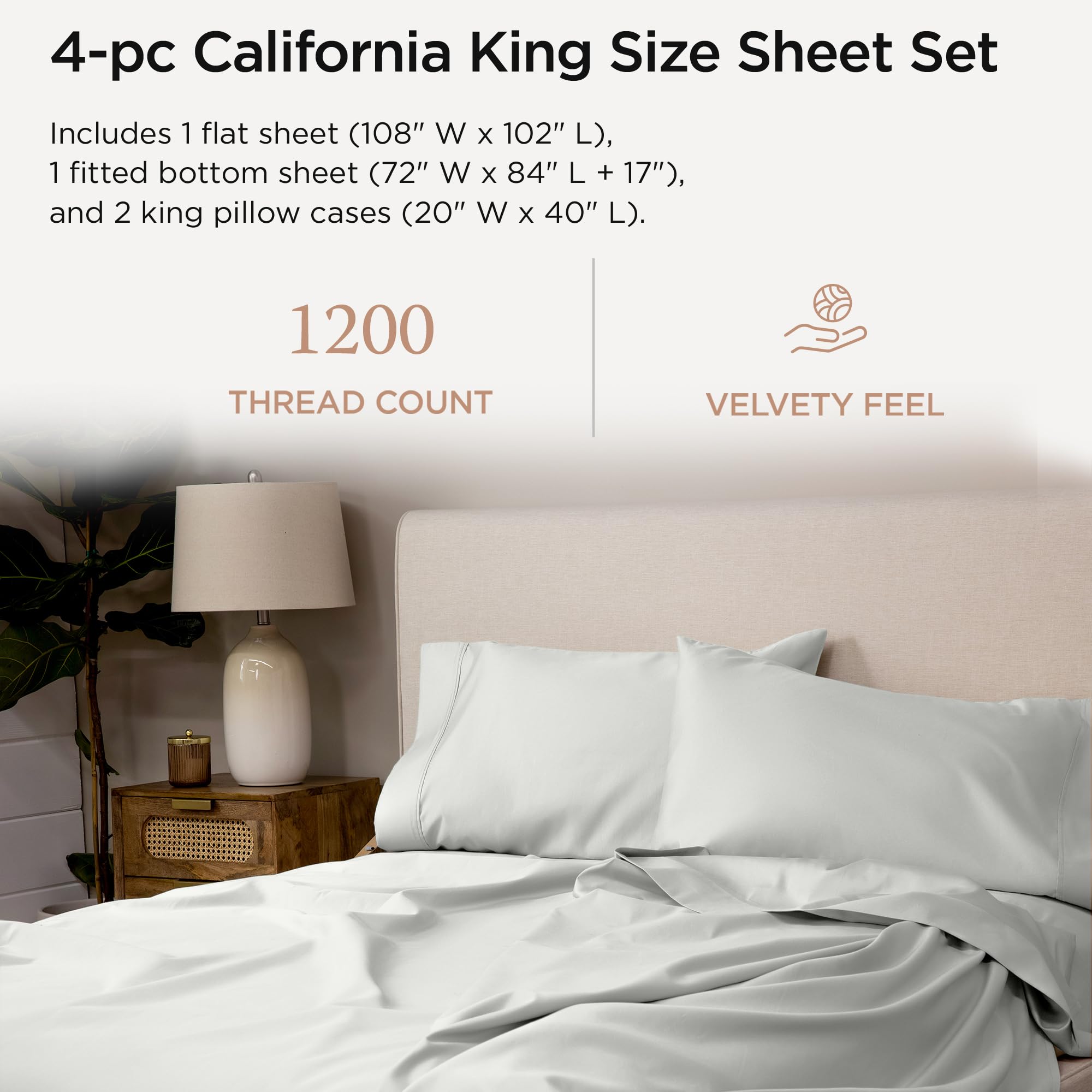 100% Supima Cotton Sheets, Luxury 1200 Thread Count Cotton Sheets for King Size Bed, 4 Pc Dark Grey King Bed Sheets Set, 5-Star Hotel Quality with Elasticized Deep Pocket King Sheets