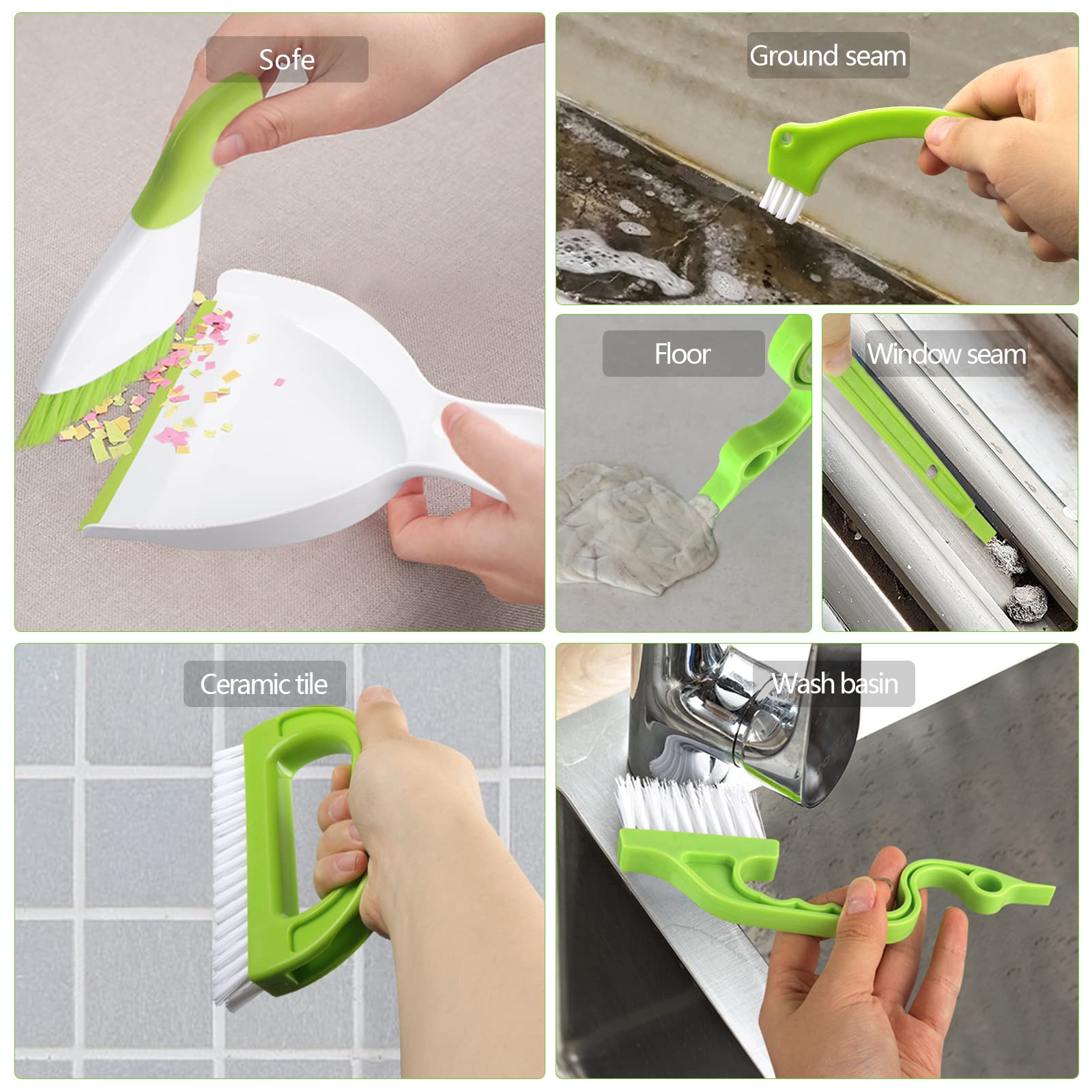 改Hand-held Dustpans Grout Brush Groove Gap Cleaning Tools Set, 5 Pack, Green, ABS Plastic, Polypropylene