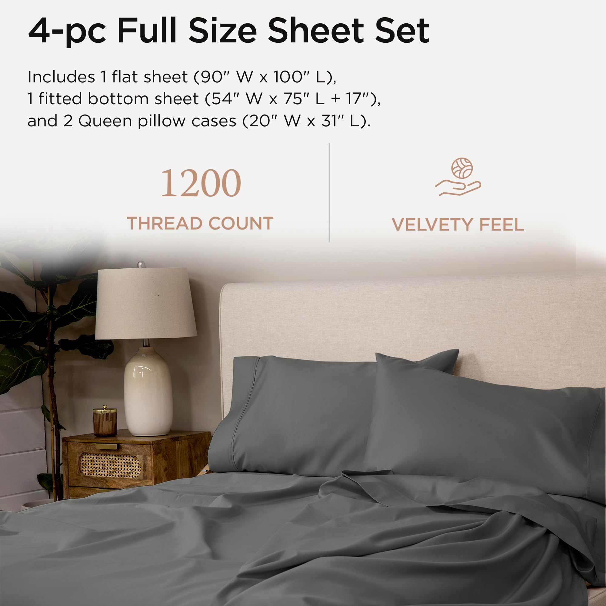 改Threadmill 100% Supima Cotton Sheets, Luxury 1200 Thread Count Cotton Sheets for King Size Bed, 4 Pc Dark Grey King Bed Sheets Set, 5-Star Hotel Quality with Elasticized Deep Pocket King Sheets