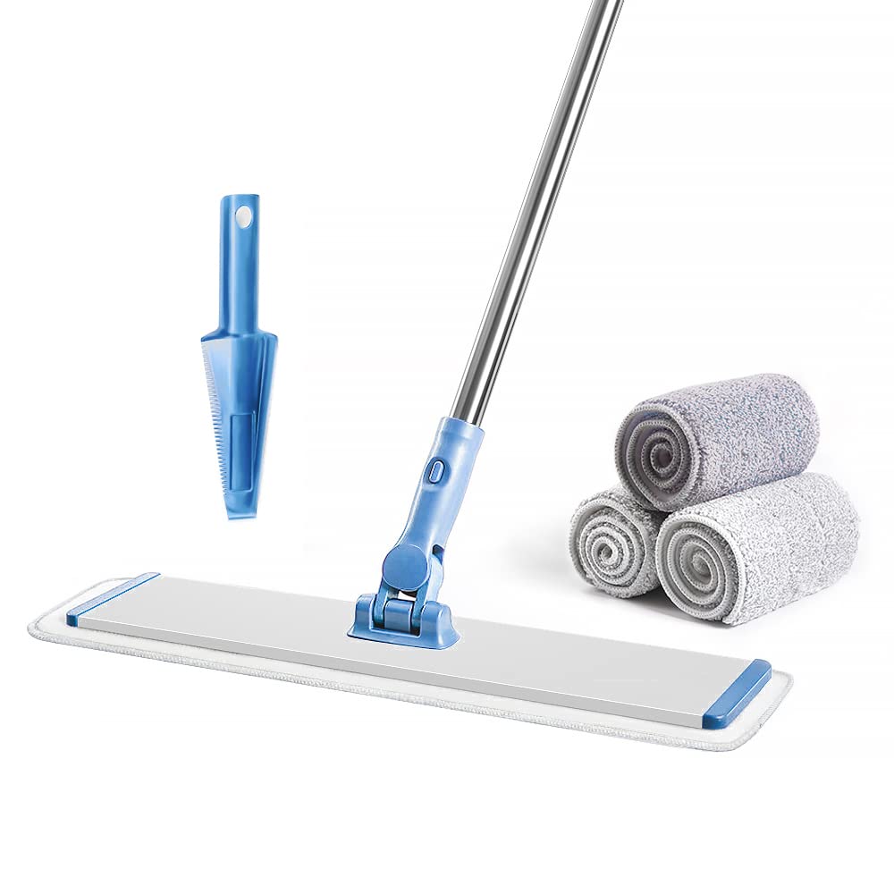 改CQT Commercial Flat Microfiber Floor Mop Cleaning System 18" Inch Wet Dry and Dust Hardwood with 4 Washable Pads Cleaner for Laminate Tile Stainless Steel Handle and Extension (PT12-WET)