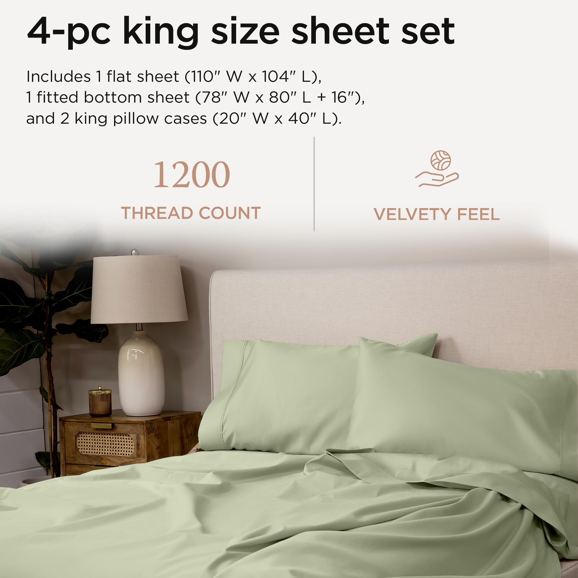 100% Supima Cotton Sheets, Luxury 1200 Thread Count Cotton Sheets for King Size Bed, 4 Pc Dark Grey King Bed Sheets Set, 5-Star Hotel Quality with Elasticized Deep Pocket King Sheets