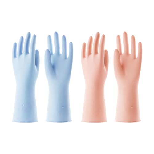 3 Pairs Reusable Rubber Gloves for Dishwashing Cleaning Bleaching, Grippy Latex Dish Washing Gloves with Flocked Cotton Liner, Water Resistant Household Gloves for Kitchen Bathroom