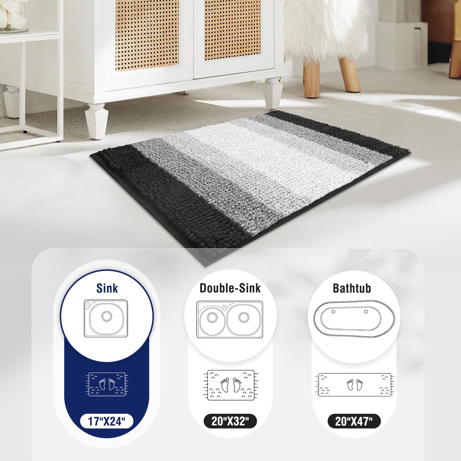 Soft Fluffy Chenille Bathroom Rugs, Non Slip Absorbent Bath Mats for Bathroom, Washable and Quick Dry