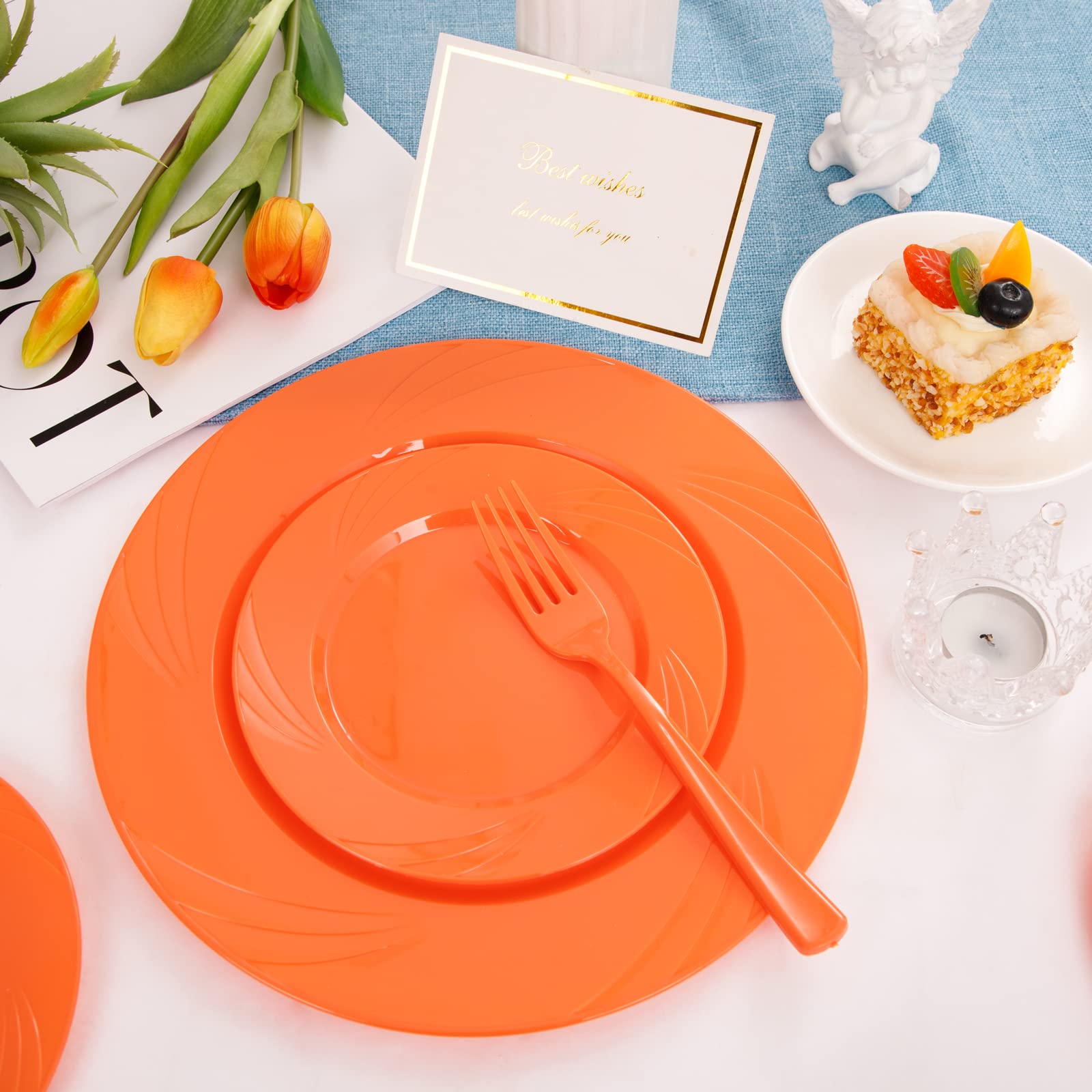 125Pieces Orange Plastic Plates - Orange Plastic Silverware - Orange Plates Disposable Include 25 Dinner Plates 25 Dessert Plates 25 Forks 25 Knives 25 Spoons Perfect for Parties & Thanksgiving