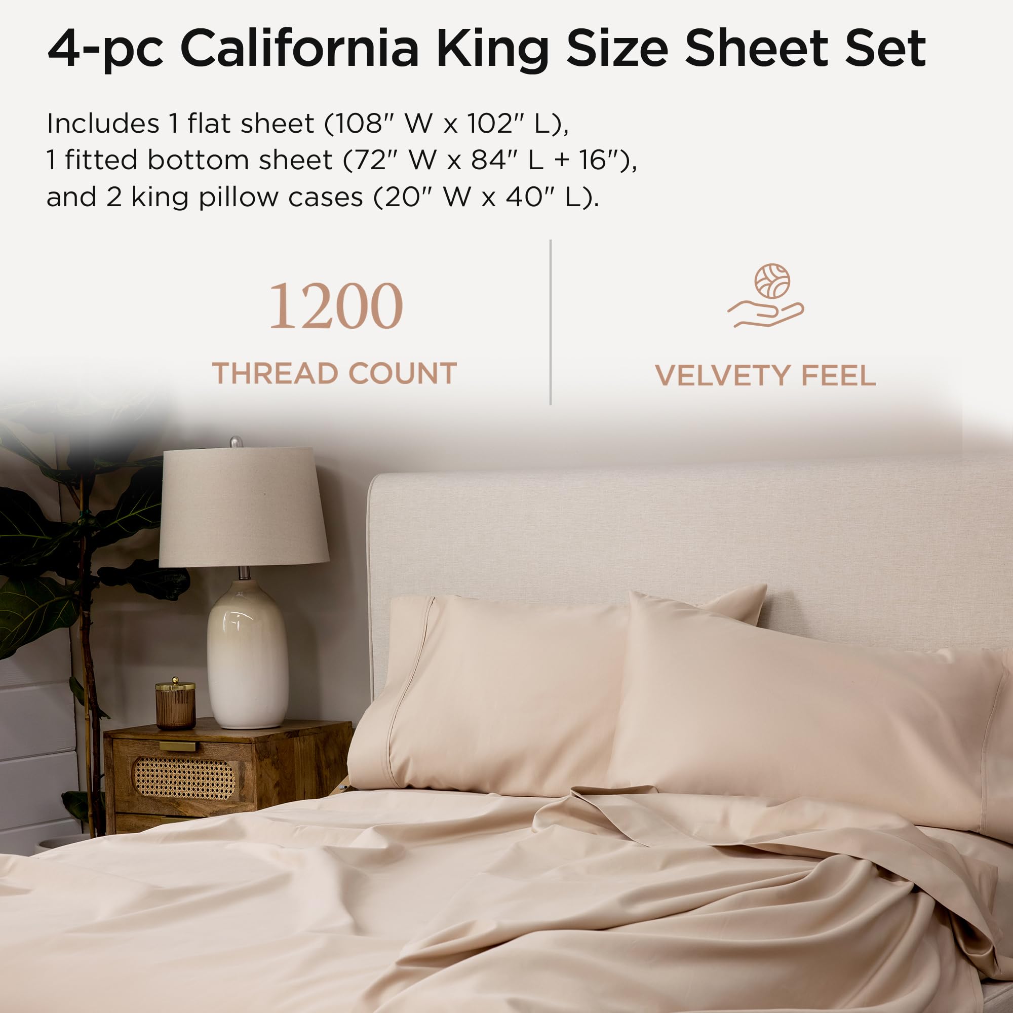 100% Supima Cotton Sheets, Luxury 1200 Thread Count Cotton Sheets for King Size Bed, 4 Pc Dark Grey King Bed Sheets Set, 5-Star Hotel Quality with Elasticized Deep Pocket King Sheets