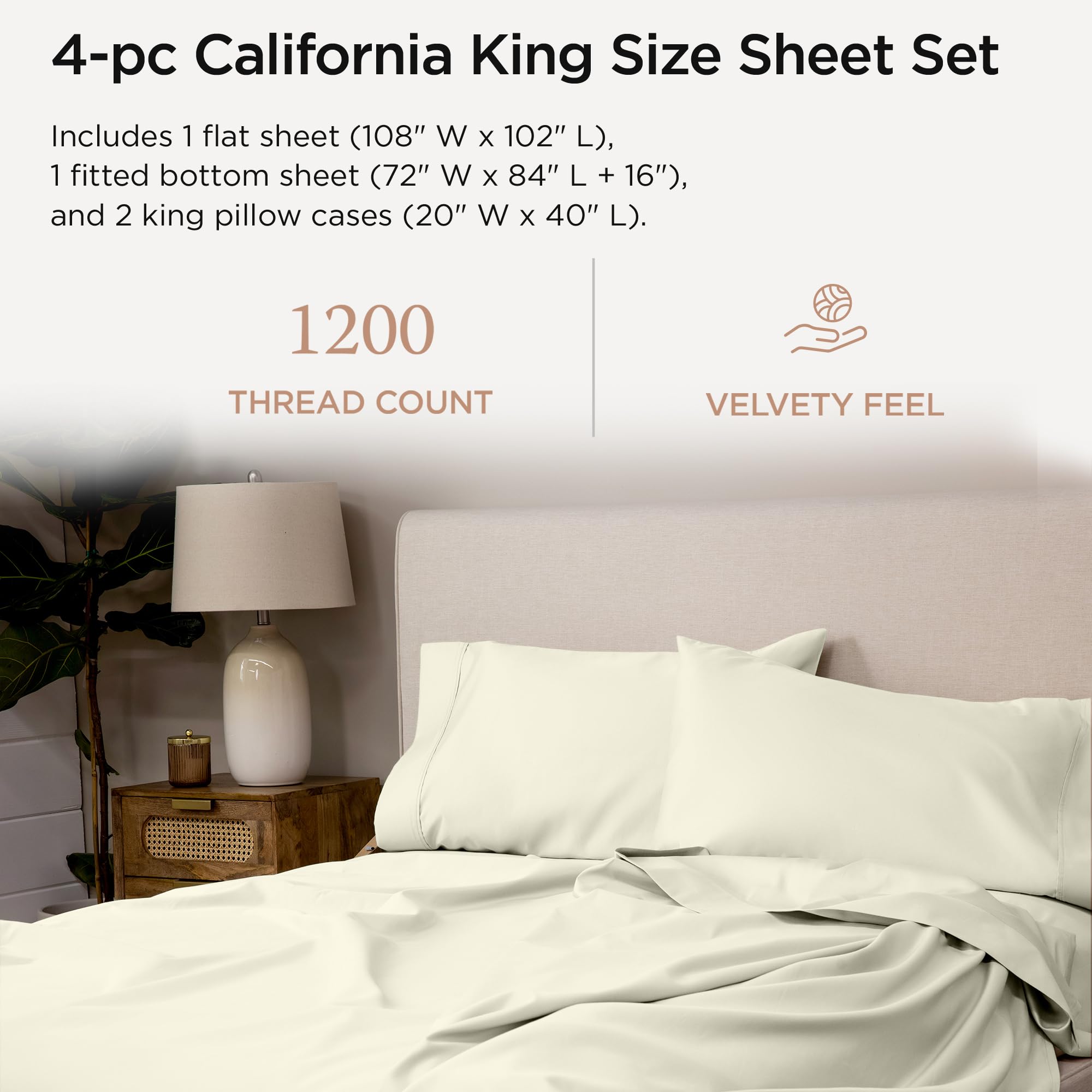 100% Supima Cotton Sheets, Luxury 1200 Thread Count Cotton Sheets for King Size Bed, 4 Pc Dark Grey King Bed Sheets Set, 5-Star Hotel Quality with Elasticized Deep Pocket King Sheets
