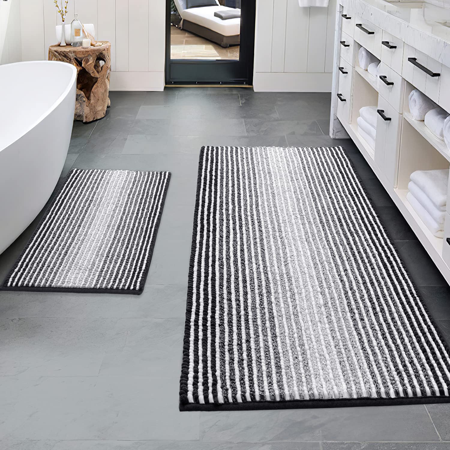 Bathroom Rugs and Mats Sets, 2 Piece Thick Absorbent Chenille Bath Mat Rug Set Non Slip, Soft Shaggy Room Floor for Bathroom, Machine Washable