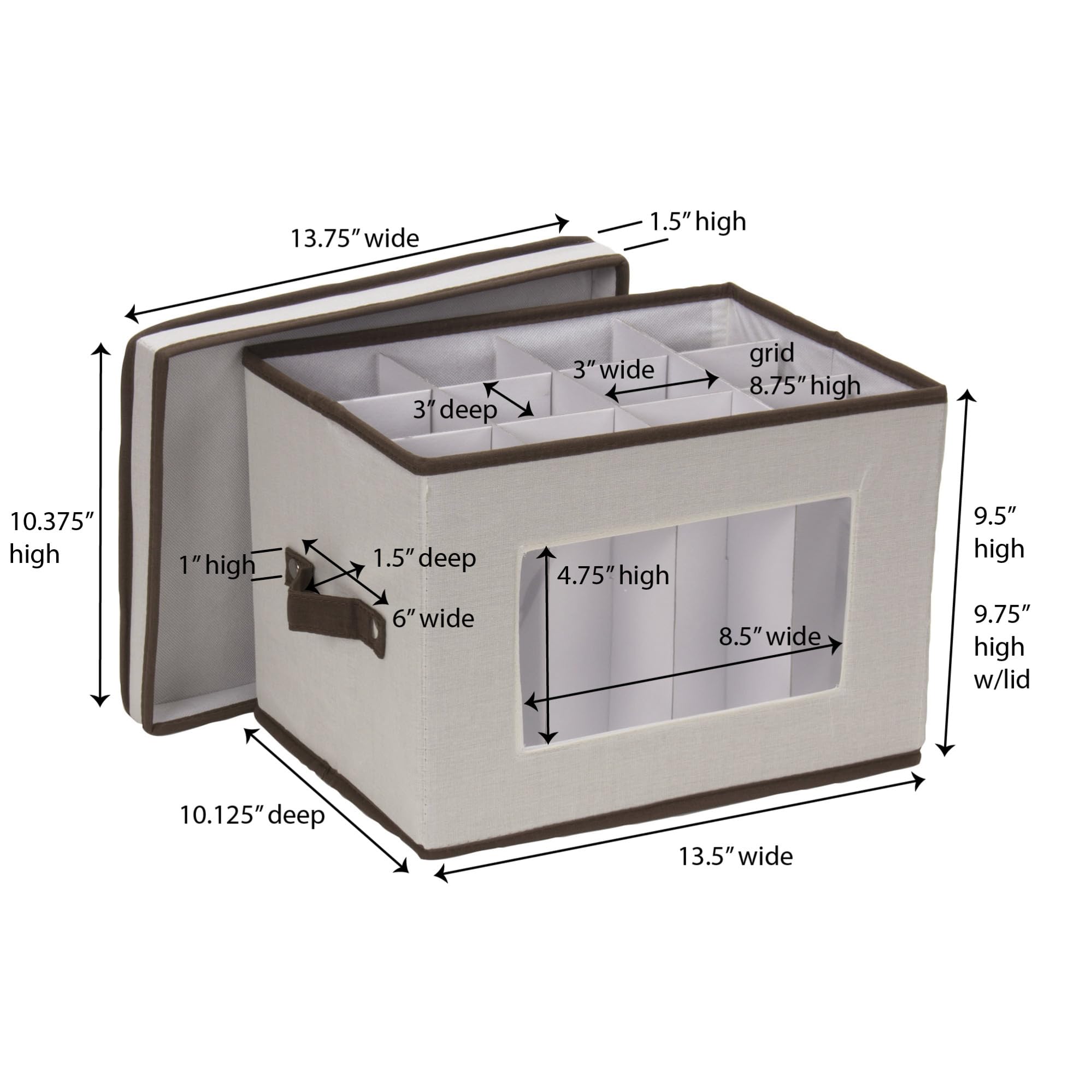 Stemware Storage Box with Lid and Handles | Champagne Glasses Canvas with Brown Trim