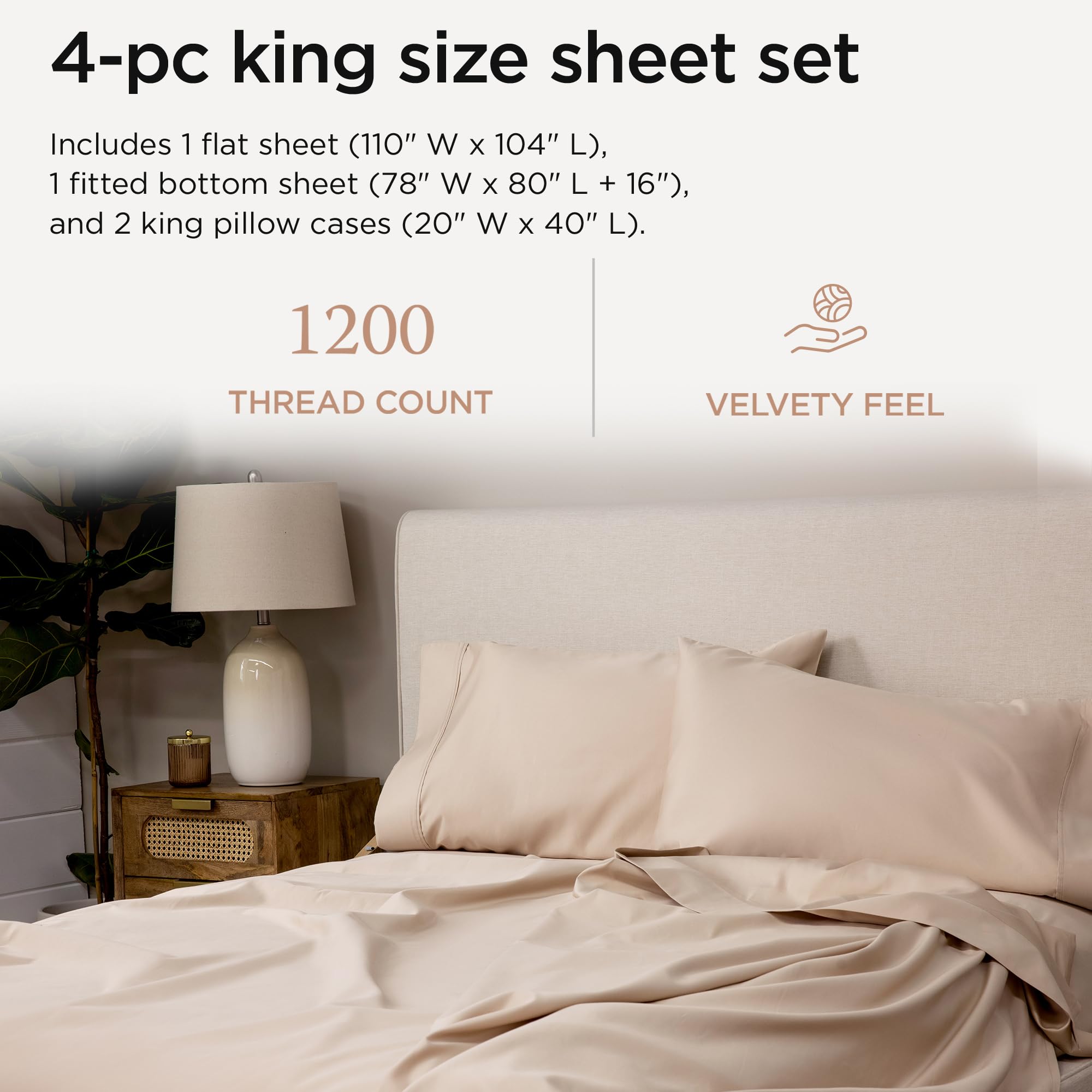 100% Supima Cotton Sheets, Luxury 1200 Thread Count Cotton Sheets for King Size Bed, 4 Pc Dark Grey King Bed Sheets Set, 5-Star Hotel Quality with Elasticized Deep Pocket King Sheets