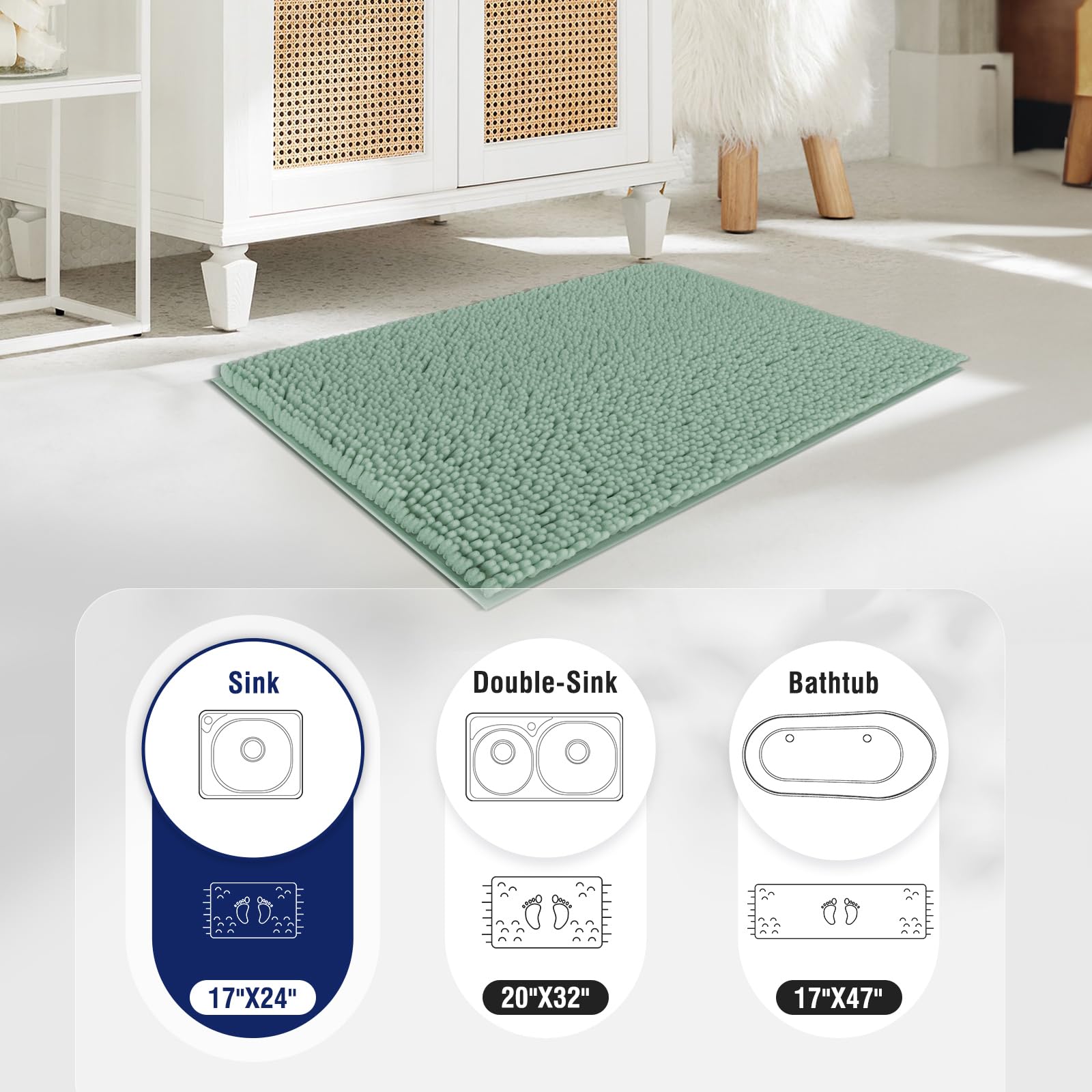 Soft Fluffy Chenille Bathroom Rugs, Non Slip Absorbent Bath Mats for Bathroom, Washable and Quick Dry