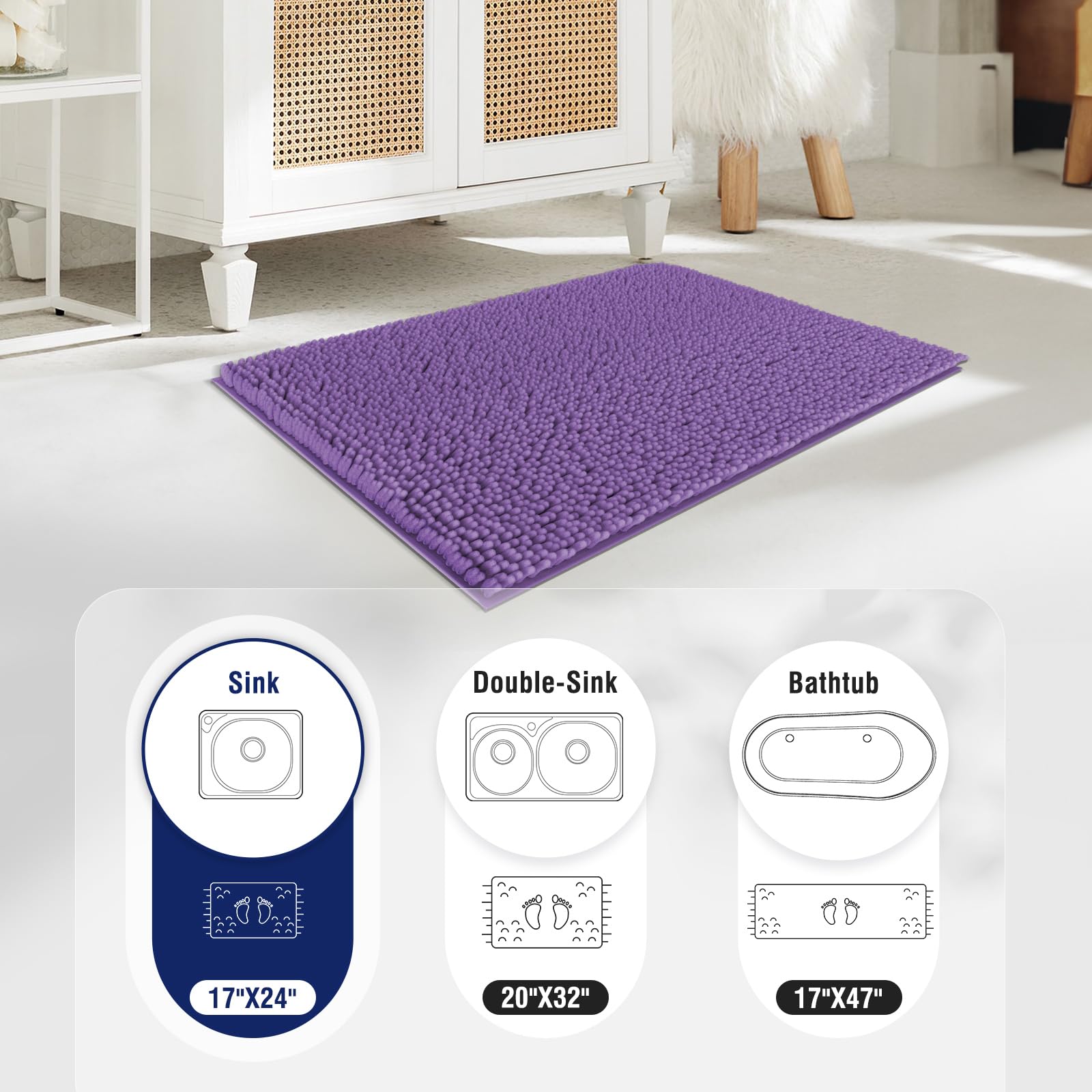 Soft Fluffy Chenille Bathroom Rugs, Non Slip Absorbent Bath Mats for Bathroom, Washable and Quick Dry