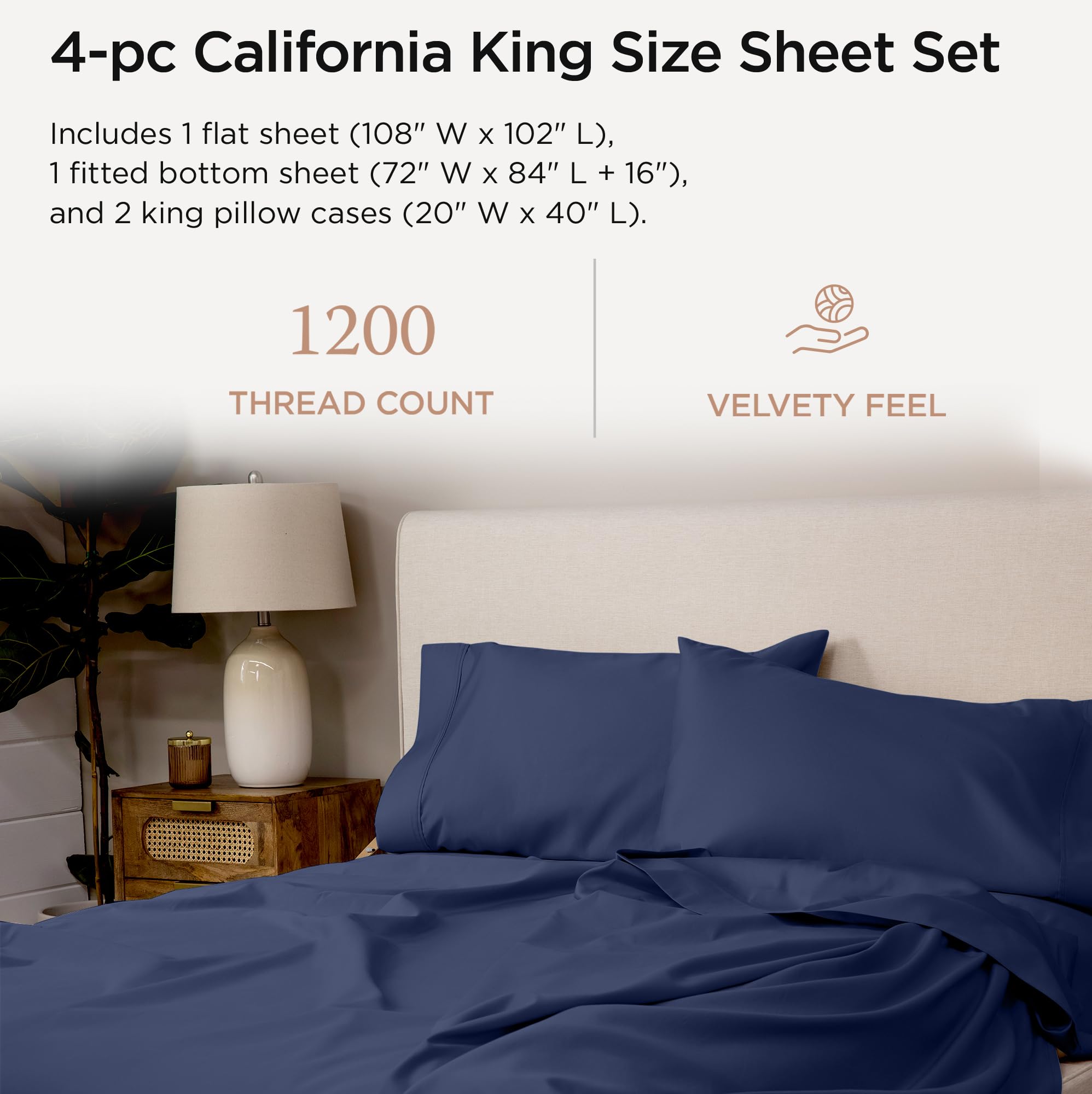 100% Supima Cotton Sheets, Luxury 1200 Thread Count Cotton Sheets for King Size Bed, 4 Pc Dark Grey King Bed Sheets Set, 5-Star Hotel Quality with Elasticized Deep Pocket King Sheets
