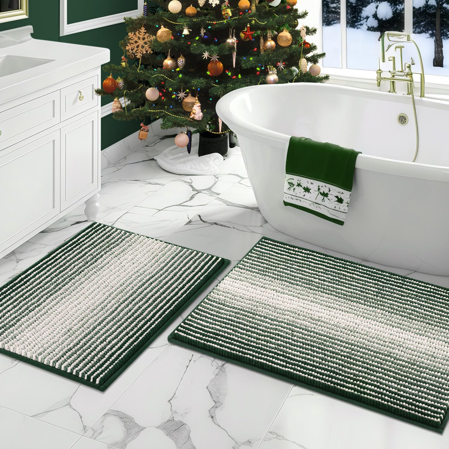 Bathroom Rugs and Mats Sets, 2 Piece Thick Absorbent Chenille Bath Mat Rug Set Non Slip, Soft Shaggy Room Floor for Bathroom, Machine Washable