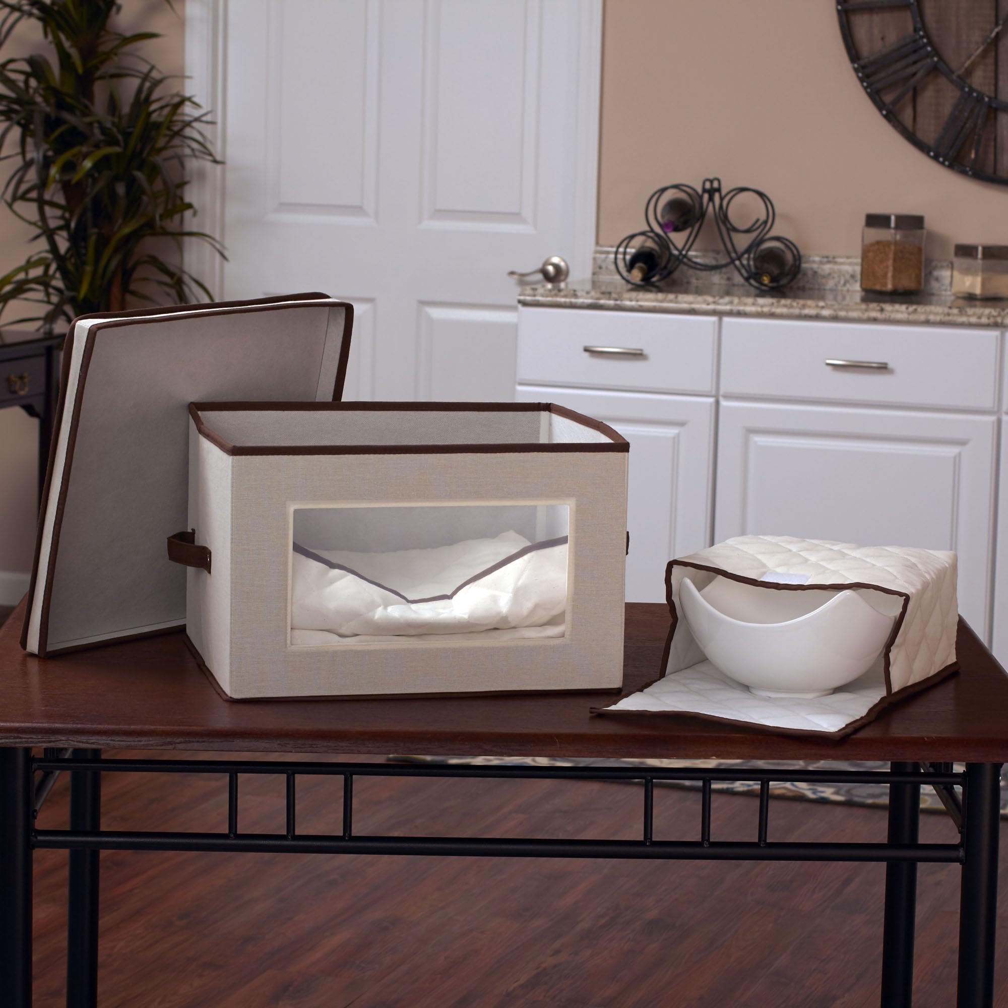Stemware Storage Box with Lid and Handles | Champagne Glasses Canvas with Brown Trim